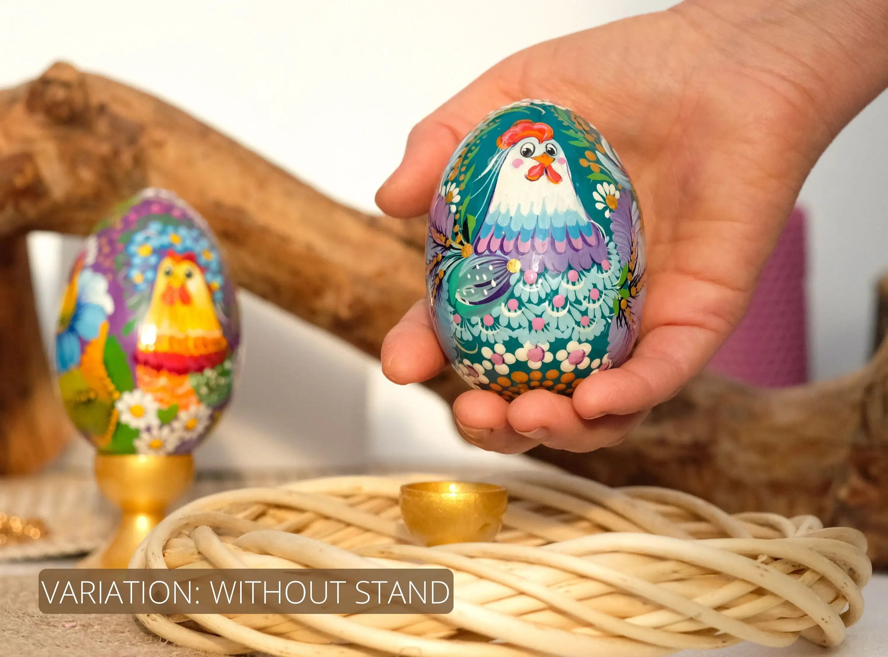 Set of 2 Large Wooden Ukrainian Easter Eggs with Painted Rooster & Chicken