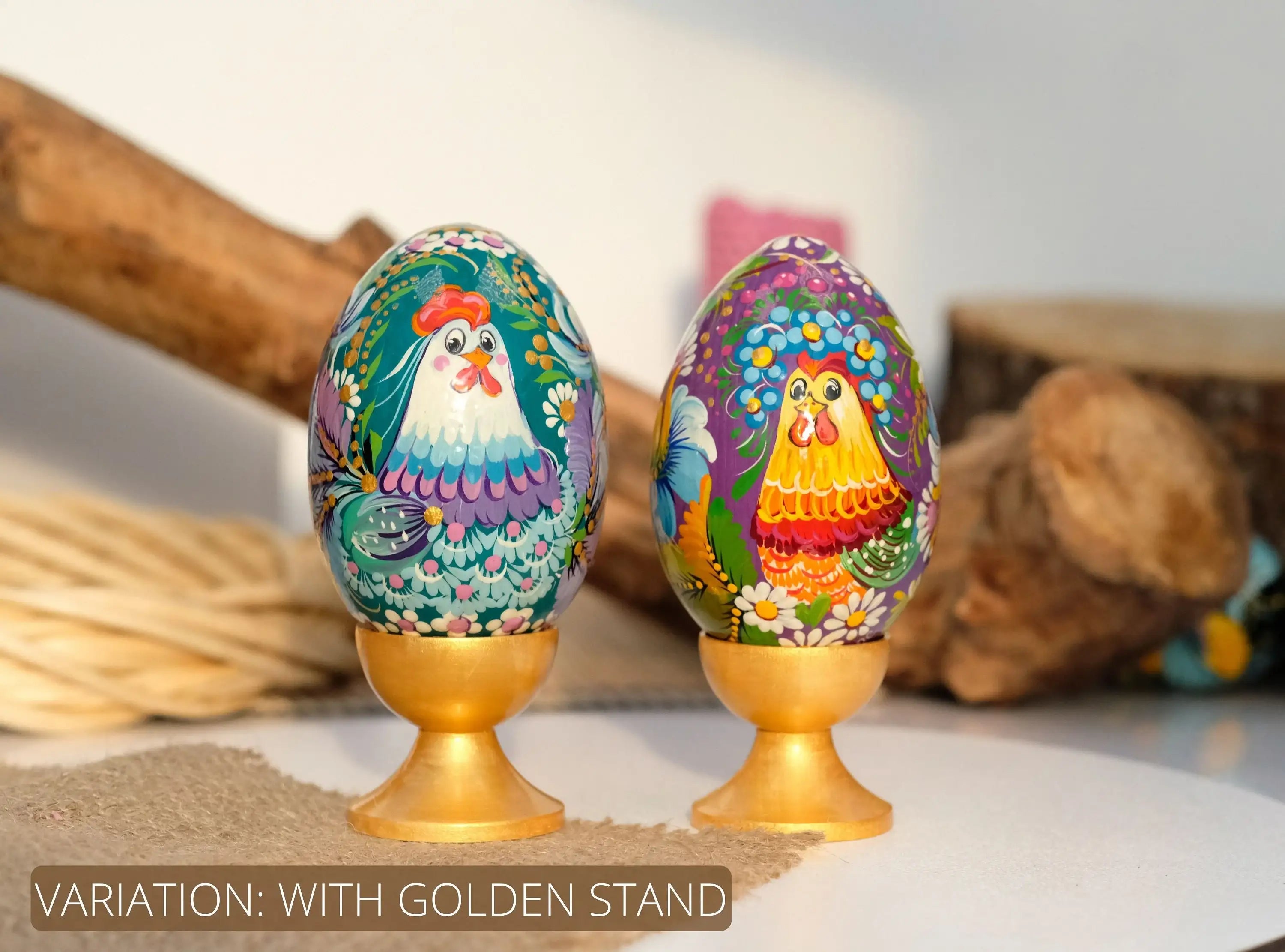 Set of 2 Large Wooden Ukrainian Easter Eggs with Painted Rooster & Chicken