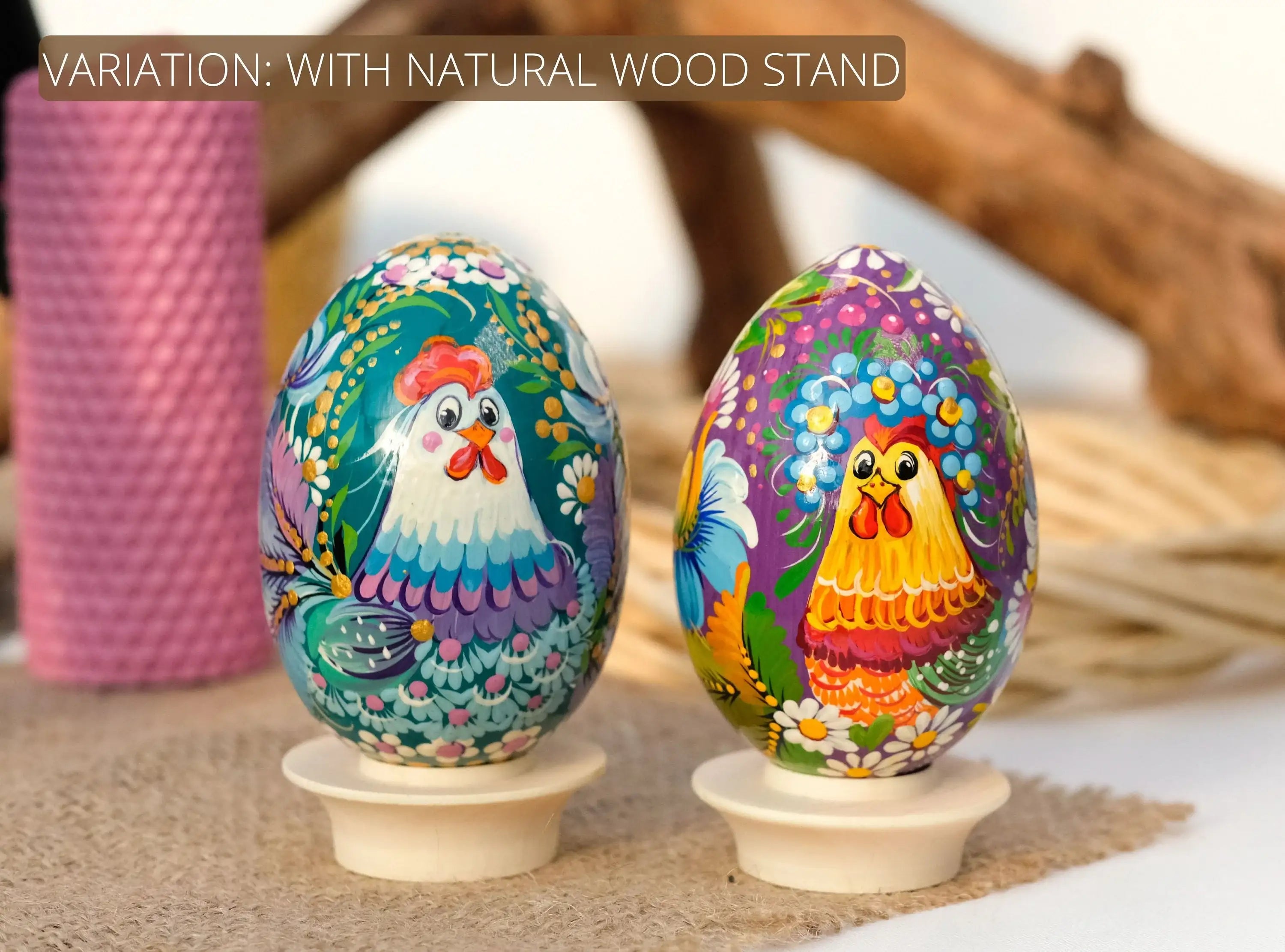 Set of 2 Large Wooden Ukrainian Easter Eggs with Painted Rooster & Chicken