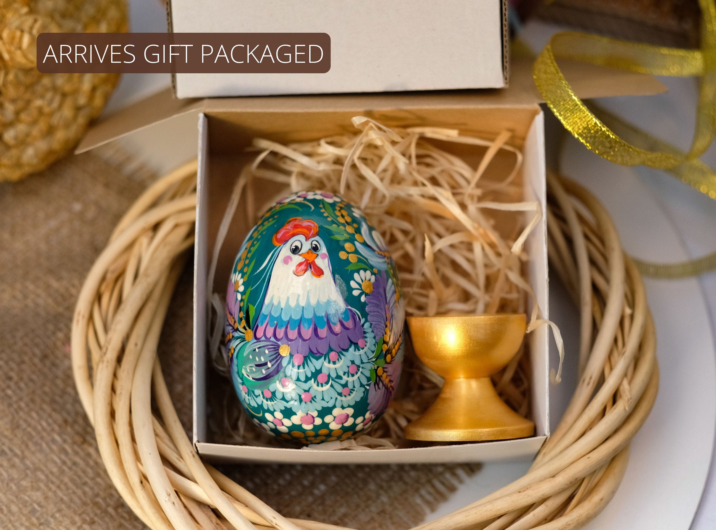 Set of 2 Large Wooden Ukrainian Easter Eggs with Painted Rooster & Chicken