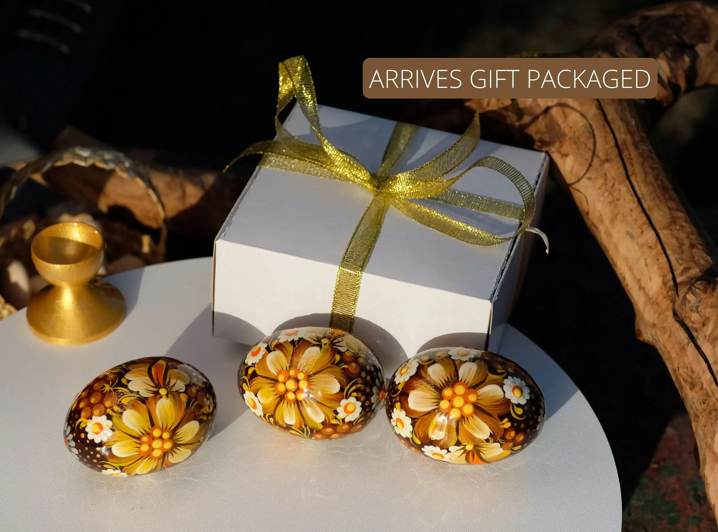 Set of 3 Wooden Flower Easter Eggs Hand-painted with Ukrainian Folk Art