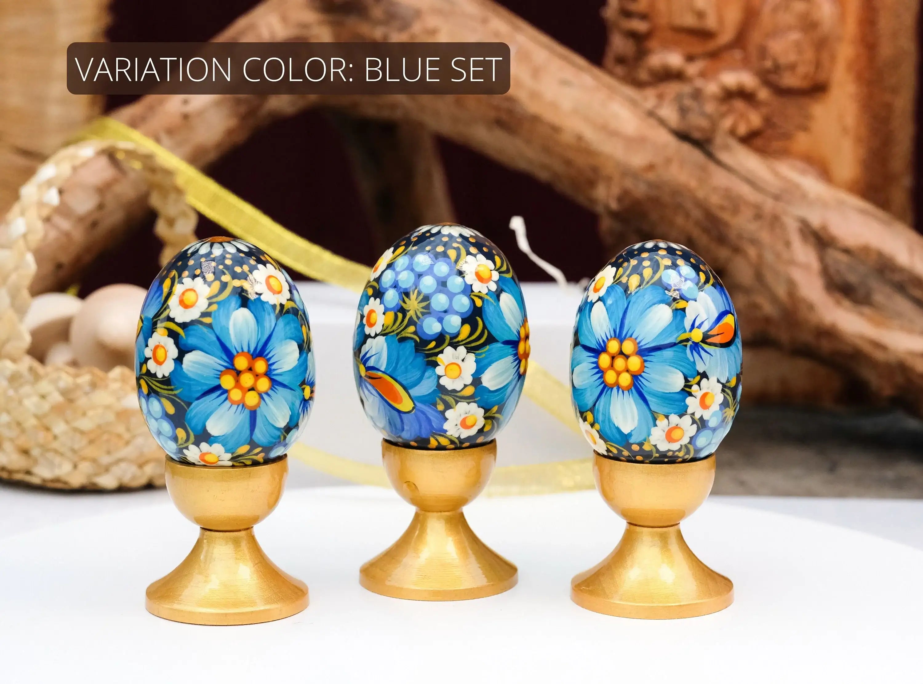 Set of 3 Wooden Flower Easter Eggs Hand-painted with Ukrainian Folk Art