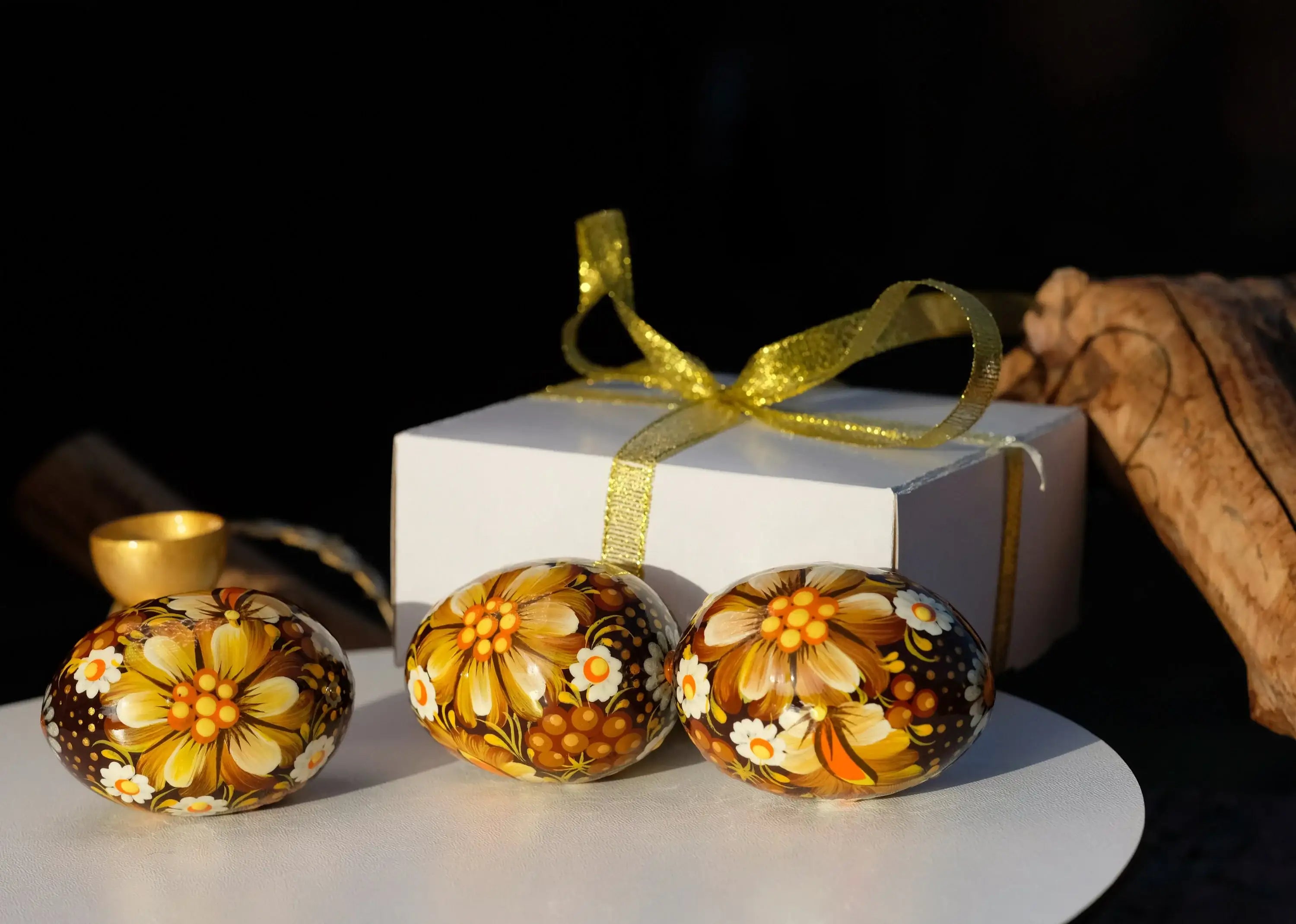 Set of 3 Wooden Flower Easter Eggs Hand-painted with Ukrainian Folk Art