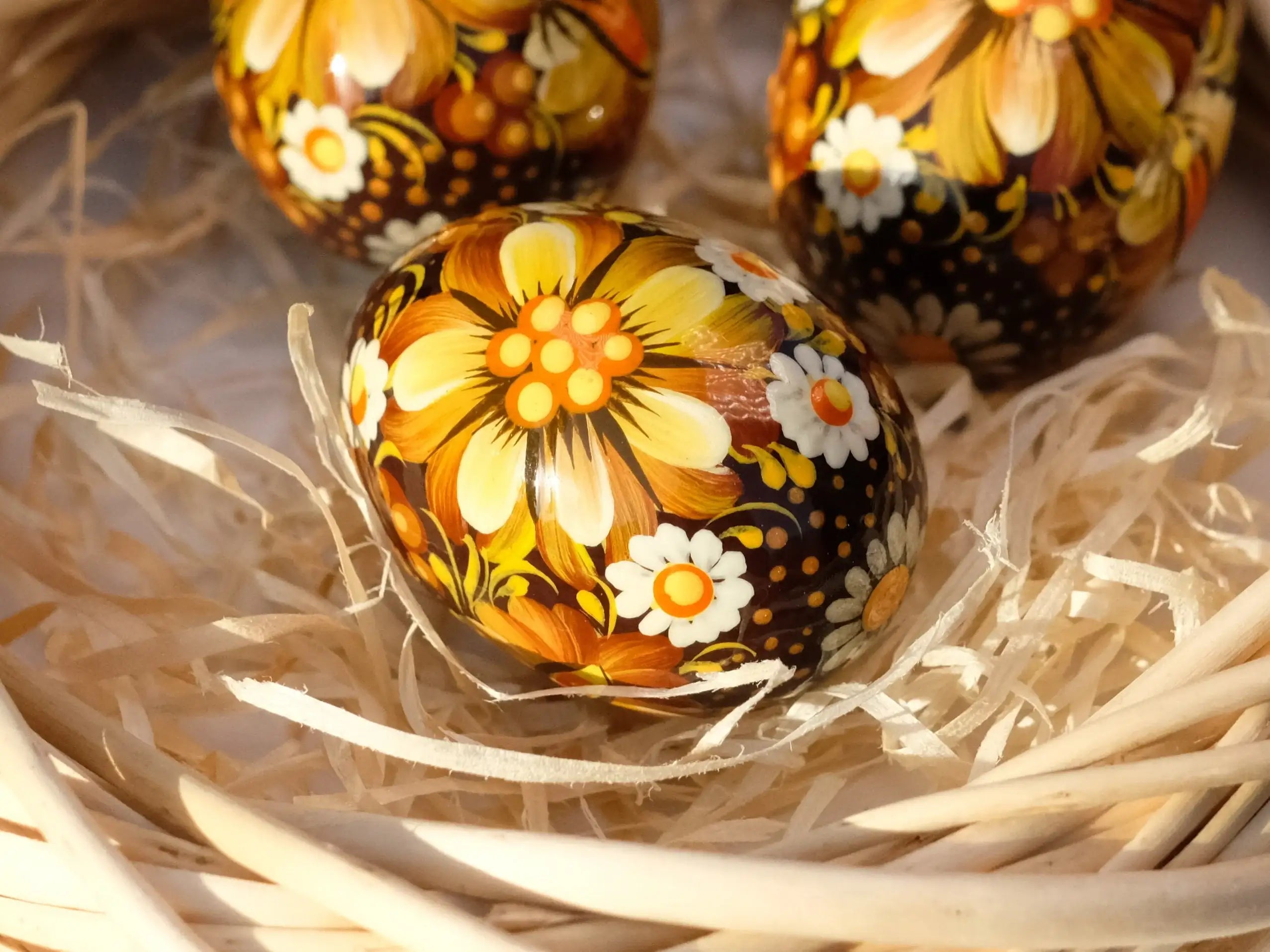 Set of 3 Wooden Flower Easter Eggs Hand-painted with Ukrainian Folk Art