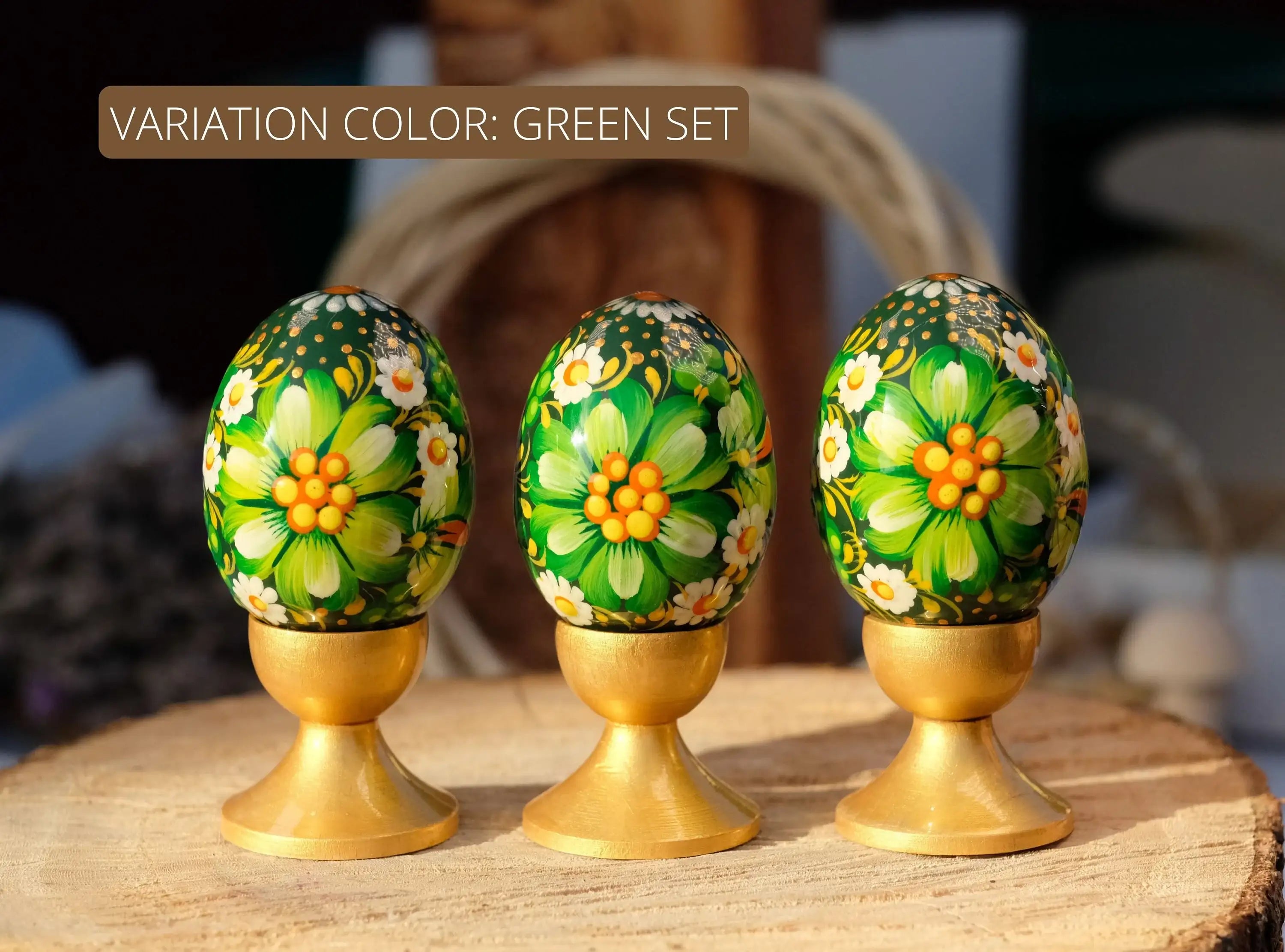 Set of 3 Ukrainian Pysanky Eggs Painted with Blue Flowers