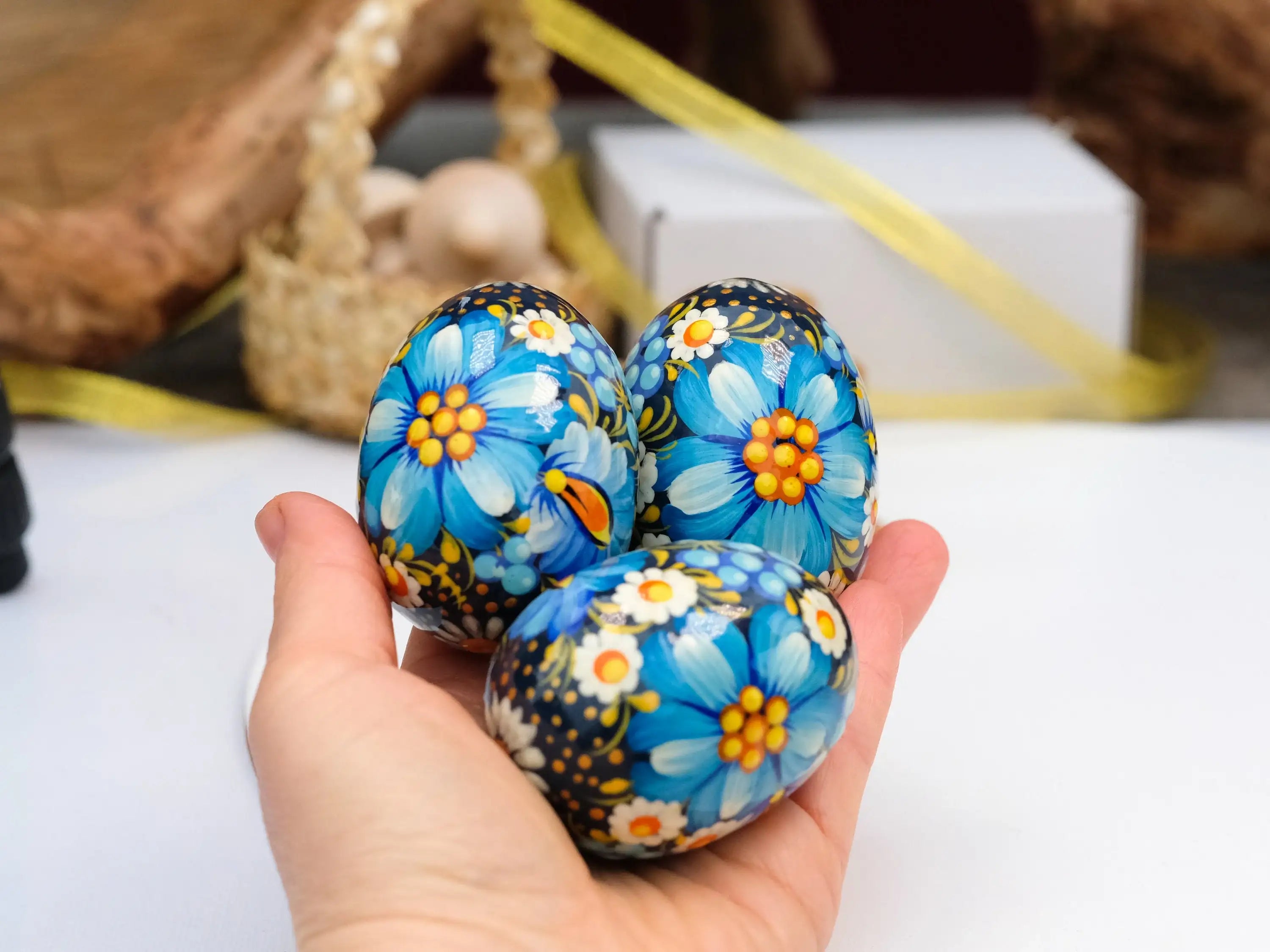 Set of 3 Ukrainian Pysanky Eggs Painted with Blue Flowers