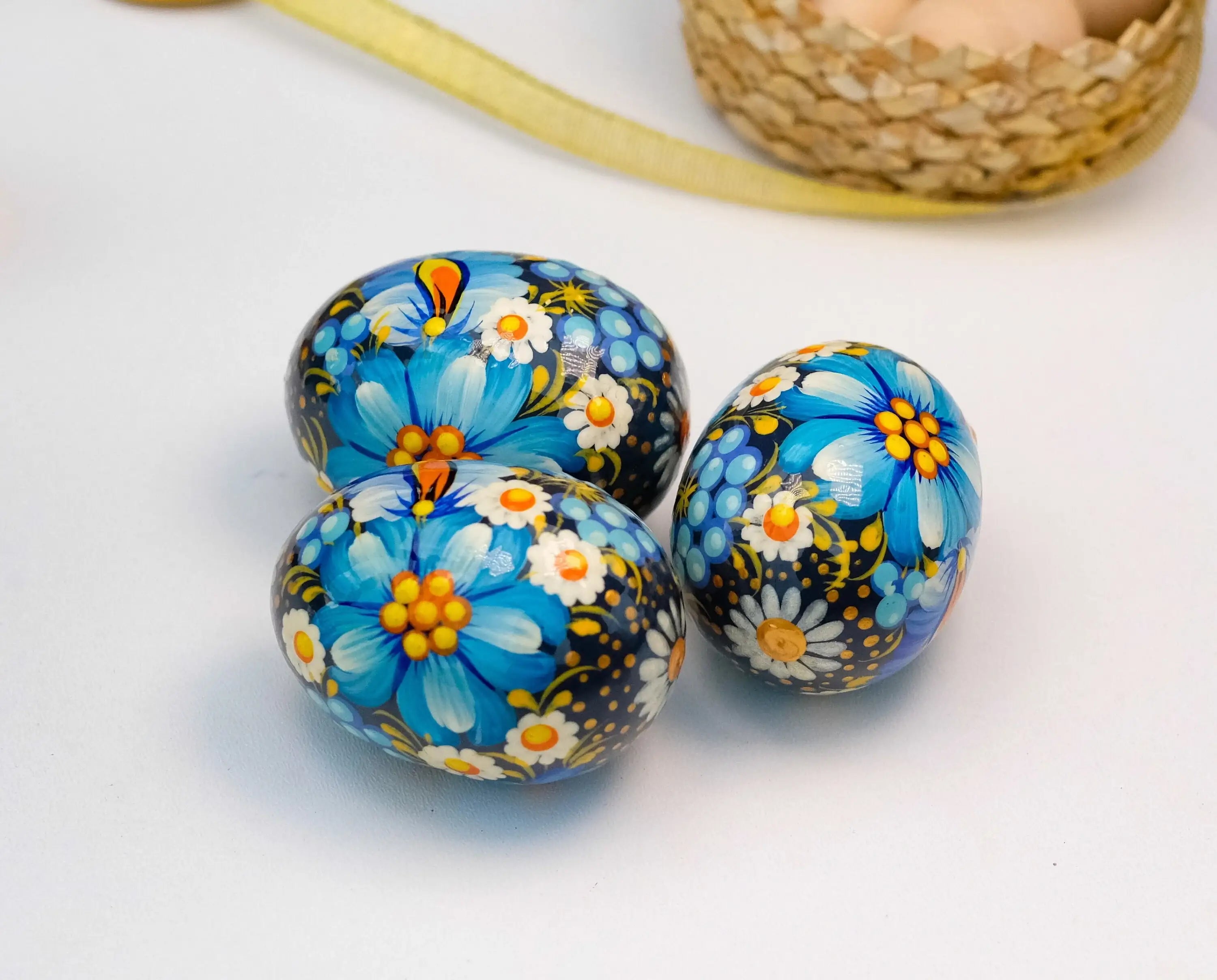 Set of 3 Ukrainian Pysanky Eggs Painted with Blue Flowers
