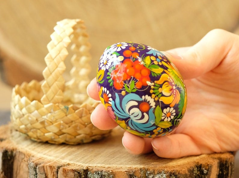 Wooden Easter Egg Hand-painted with Ukrainian Petrykivka Art