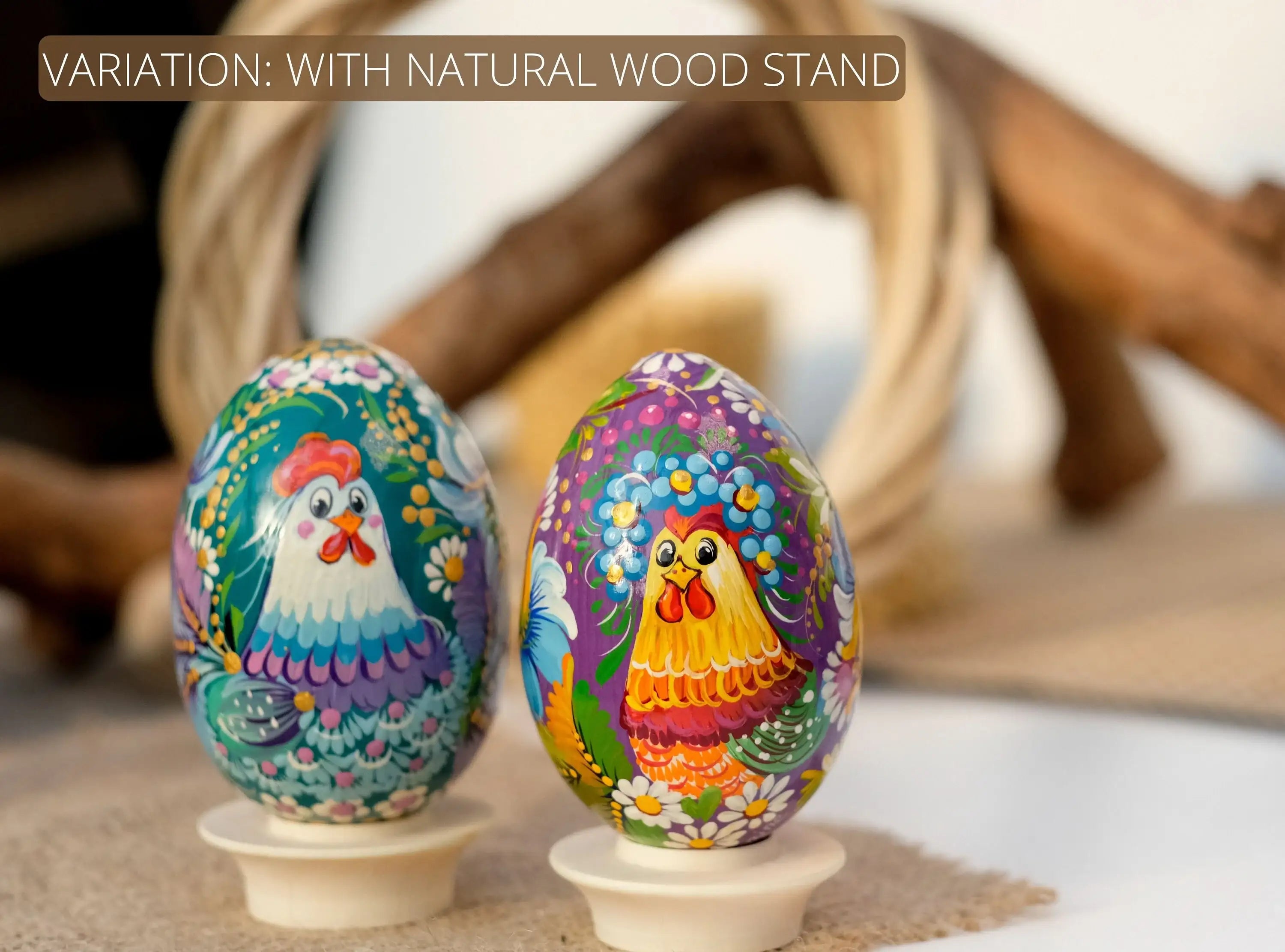 Wooden Ukrainian Goose-size Easter Egg with Painted Rooster