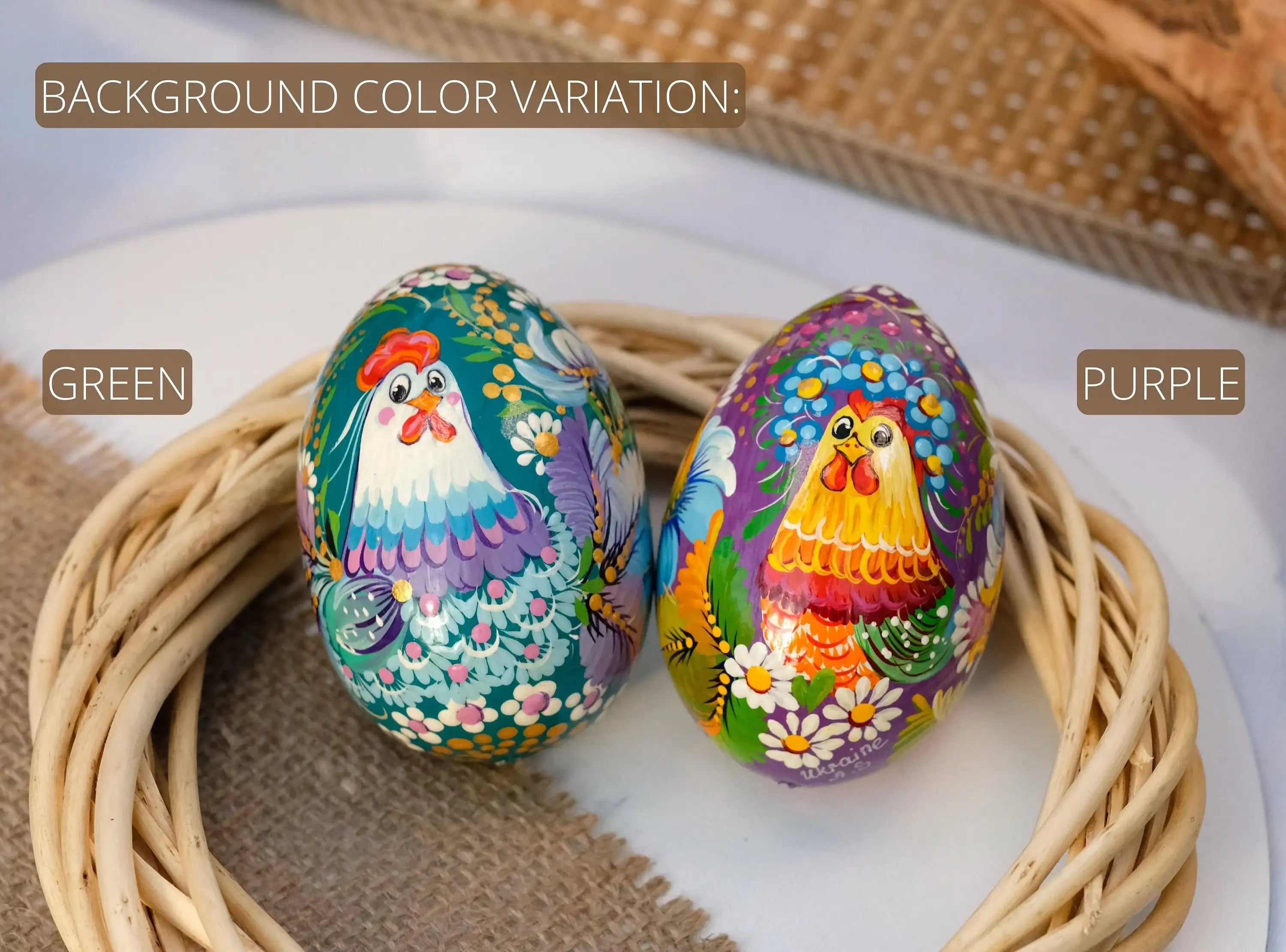 Wooden Ukrainian Goose-size Easter Egg with Painted Rooster