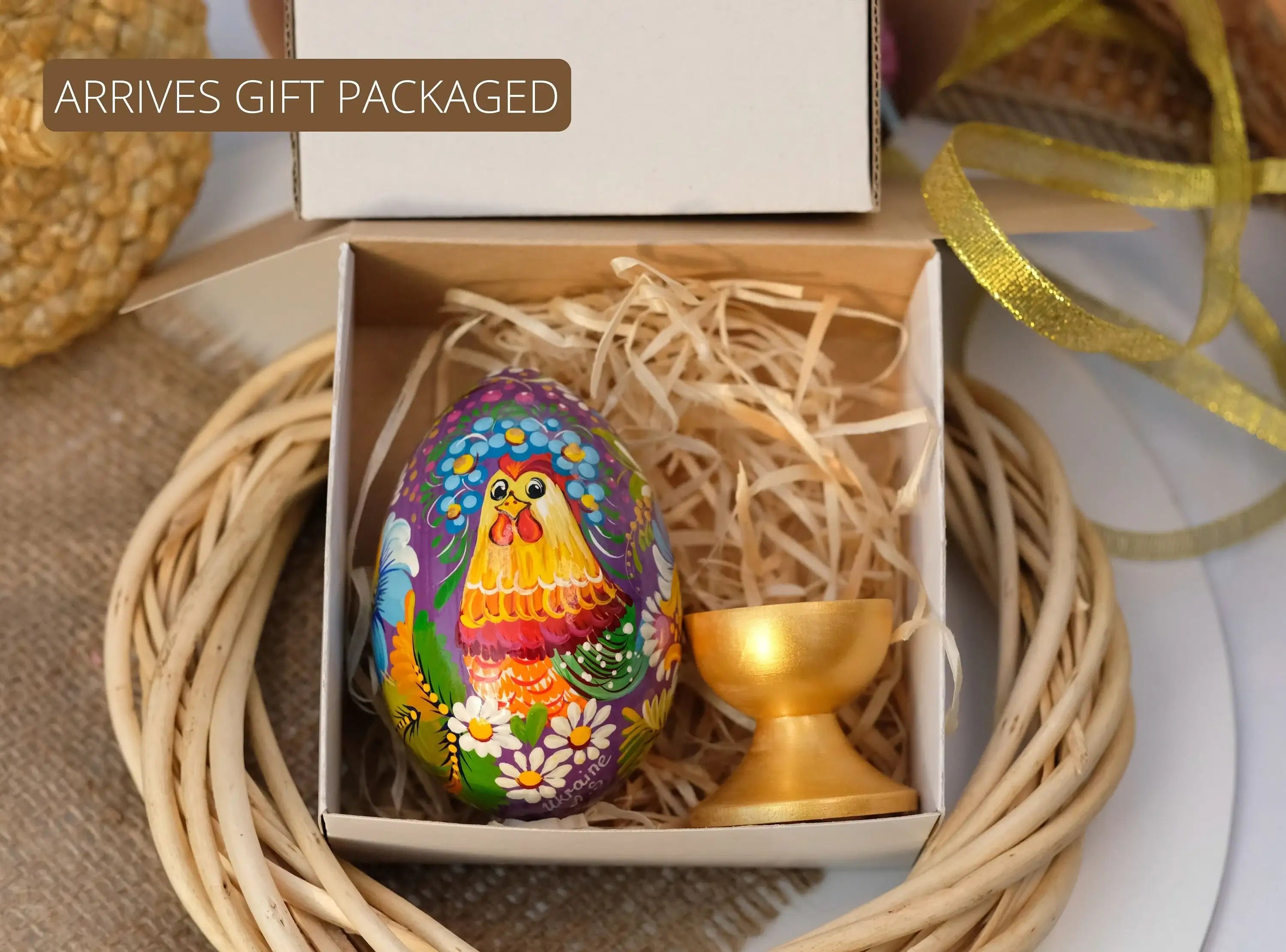Wooden Ukrainian Goose-size Easter Egg with Painted Rooster