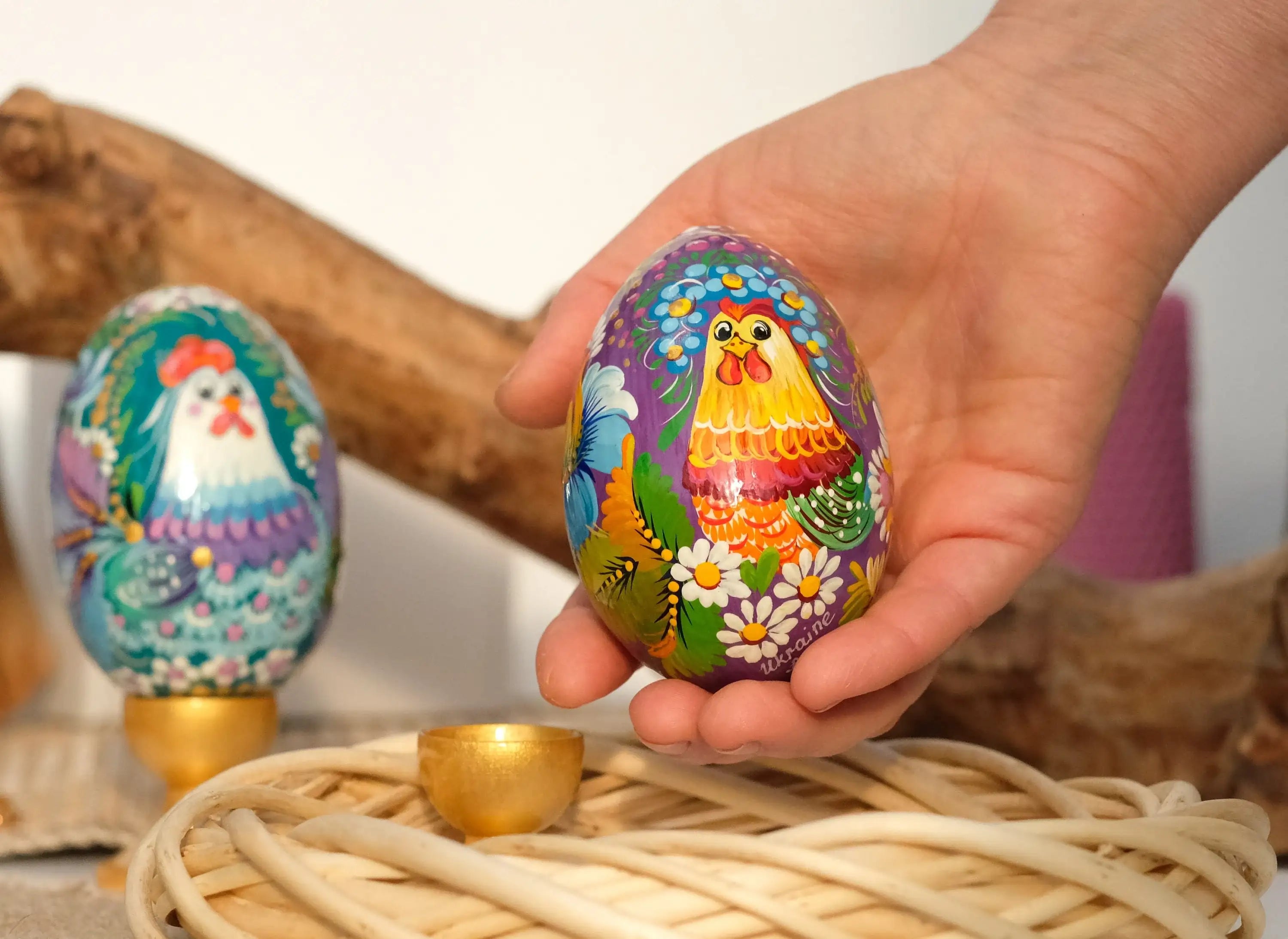 Wooden Ukrainian Goose-size Easter Egg with Painted Rooster