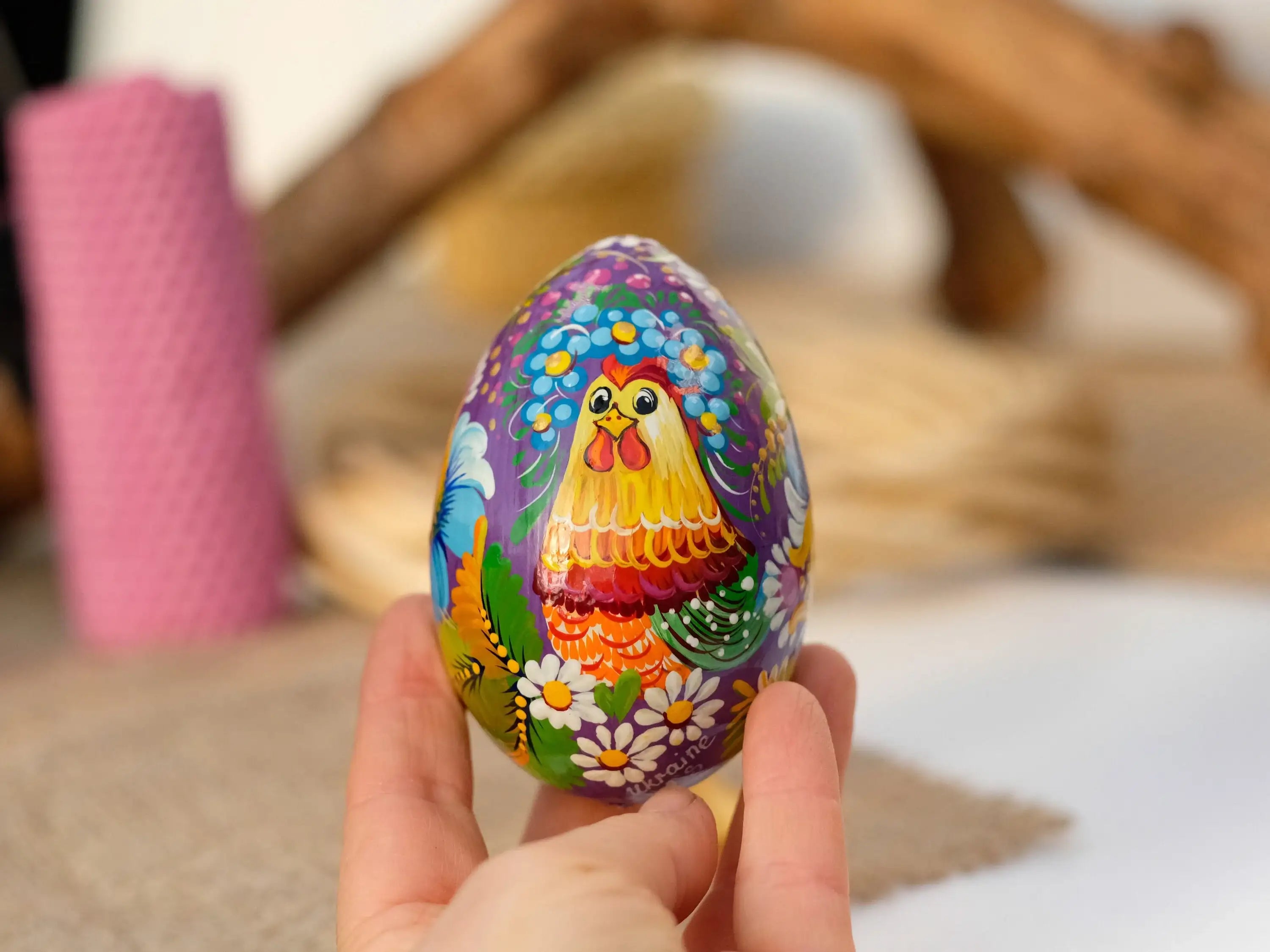 Set of 2 Large Wooden Ukrainian Easter Eggs with Painted Rooster & Chicken