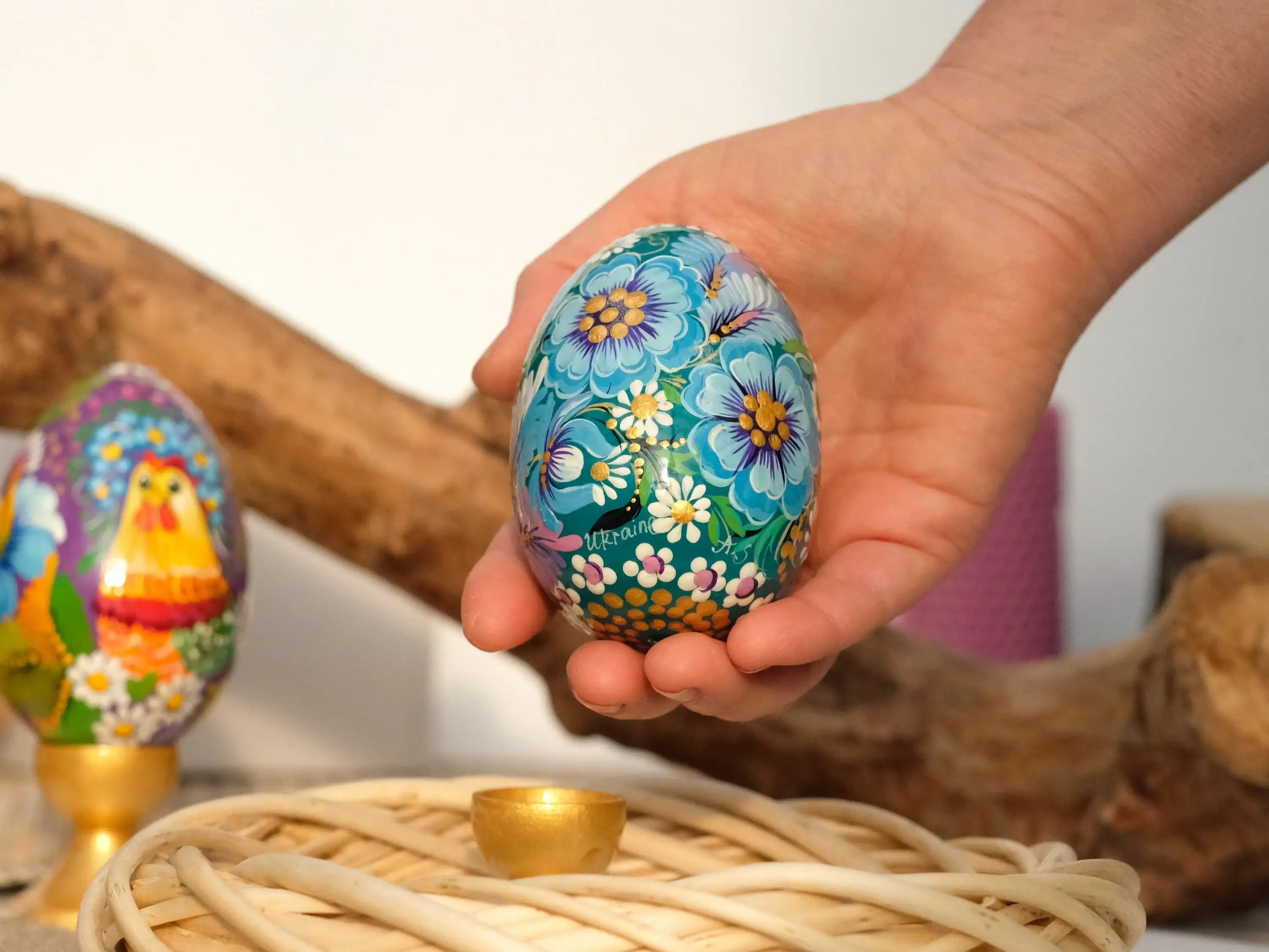 Set of 2 Large Wooden Ukrainian Easter Eggs with Painted Rooster & Chicken