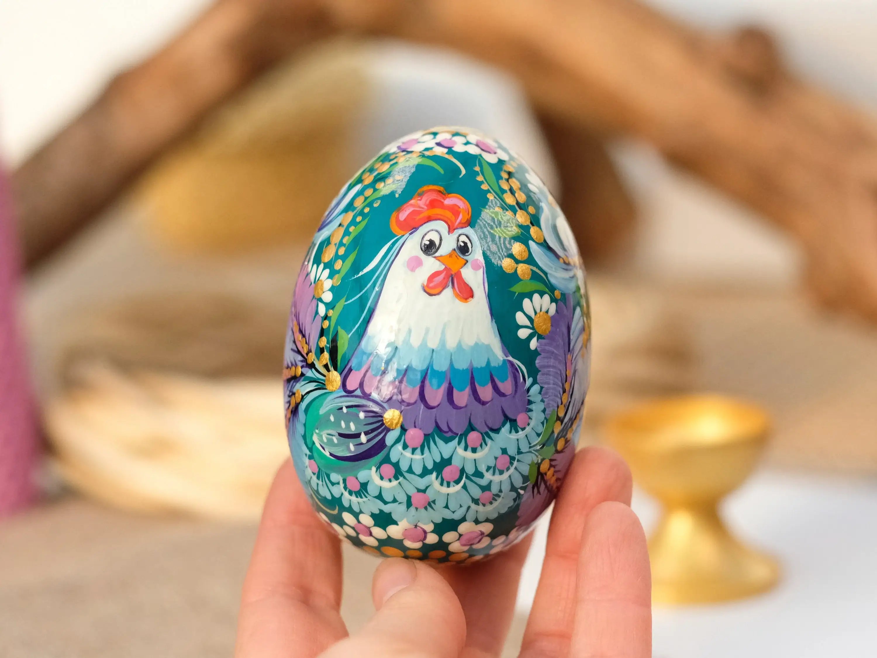 Set of 2 Large Wooden Ukrainian Easter Eggs with Painted Rooster & Chicken