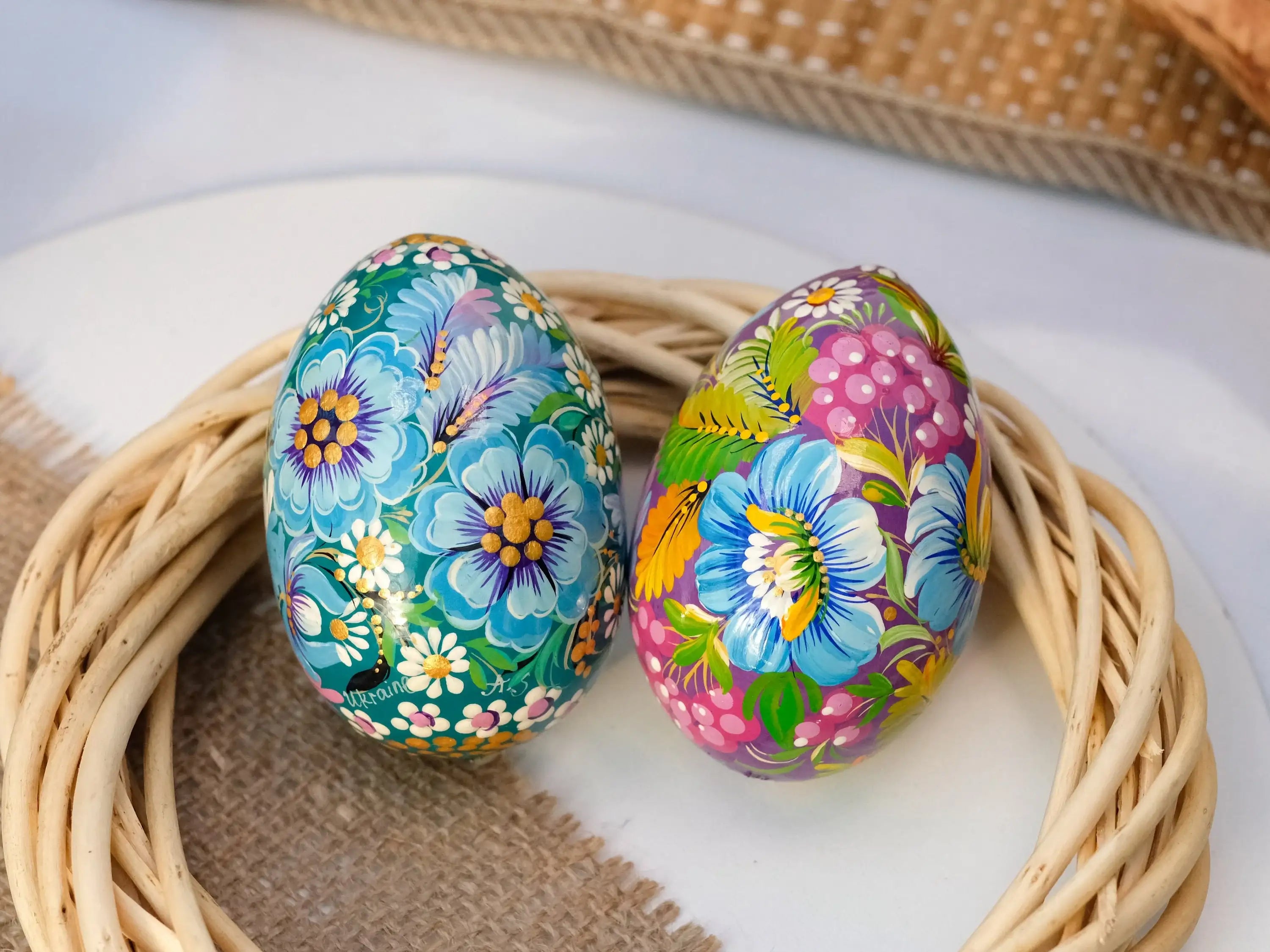 Set of 2 Large Wooden Ukrainian Easter Eggs with Painted Rooster & Chicken