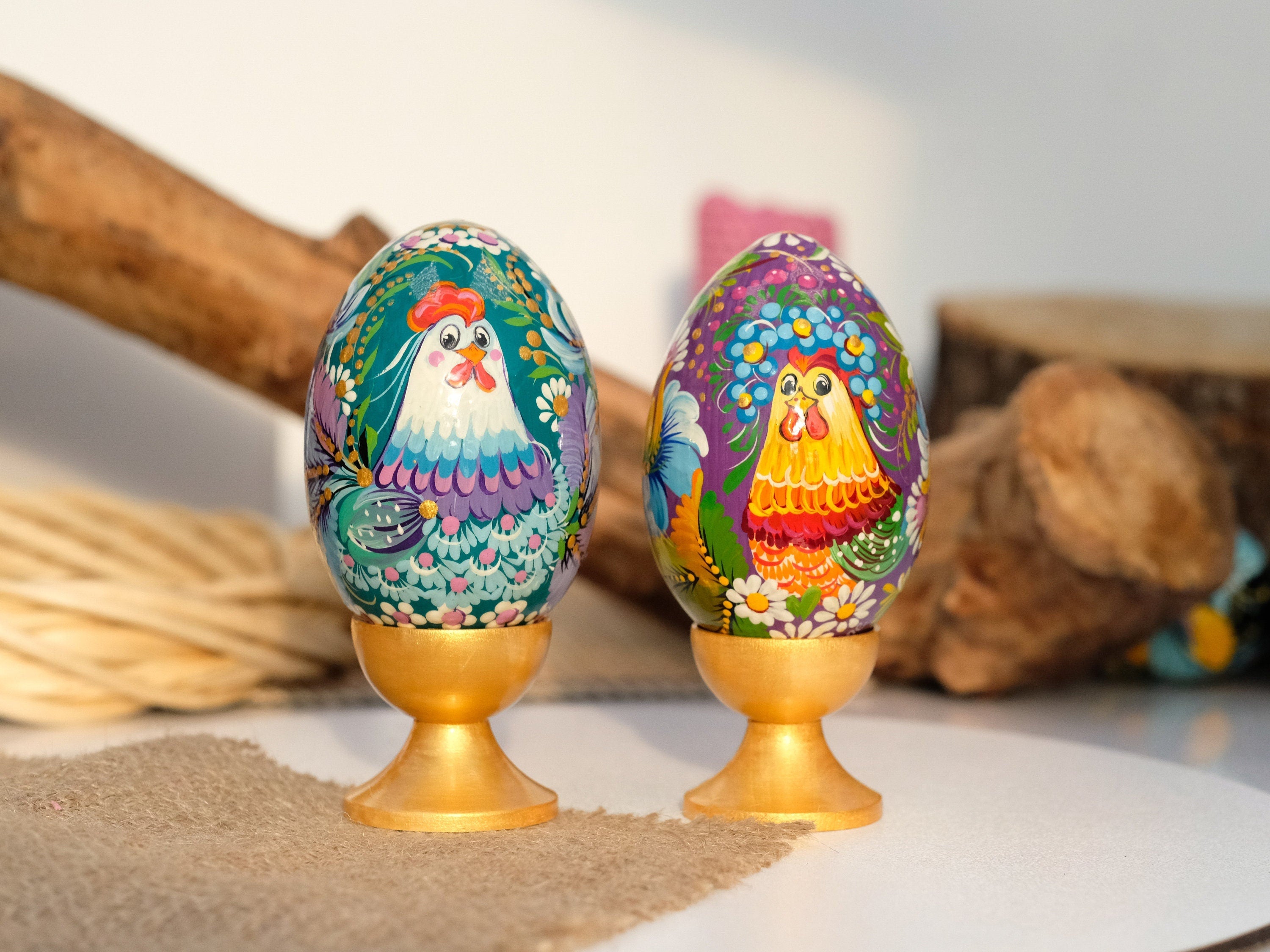 Set of 2 Large Wooden Ukrainian Easter Eggs with Painted Rooster & Chicken