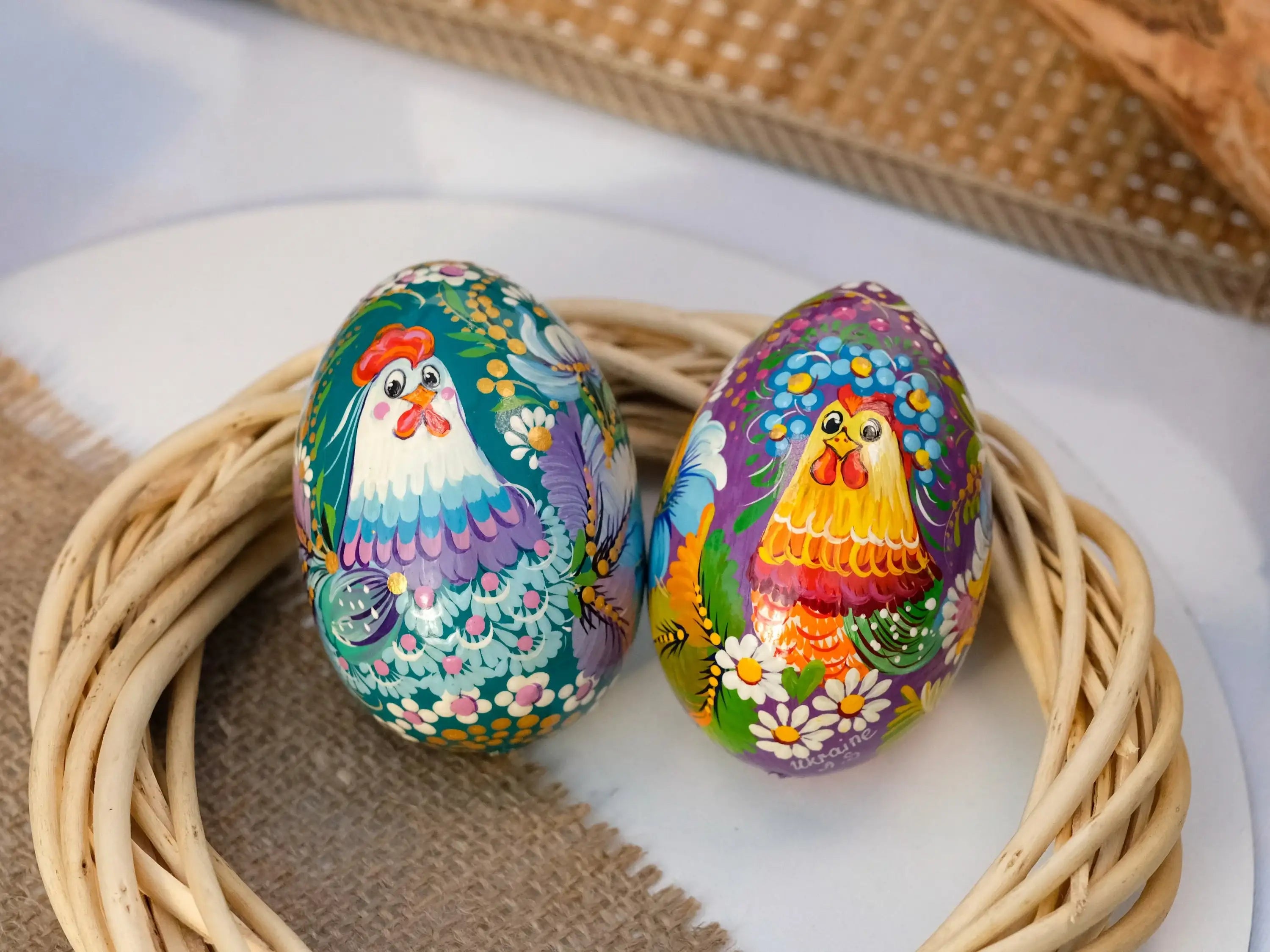 Set of 2 Large Wooden Ukrainian Easter Eggs with Painted Rooster & Chicken