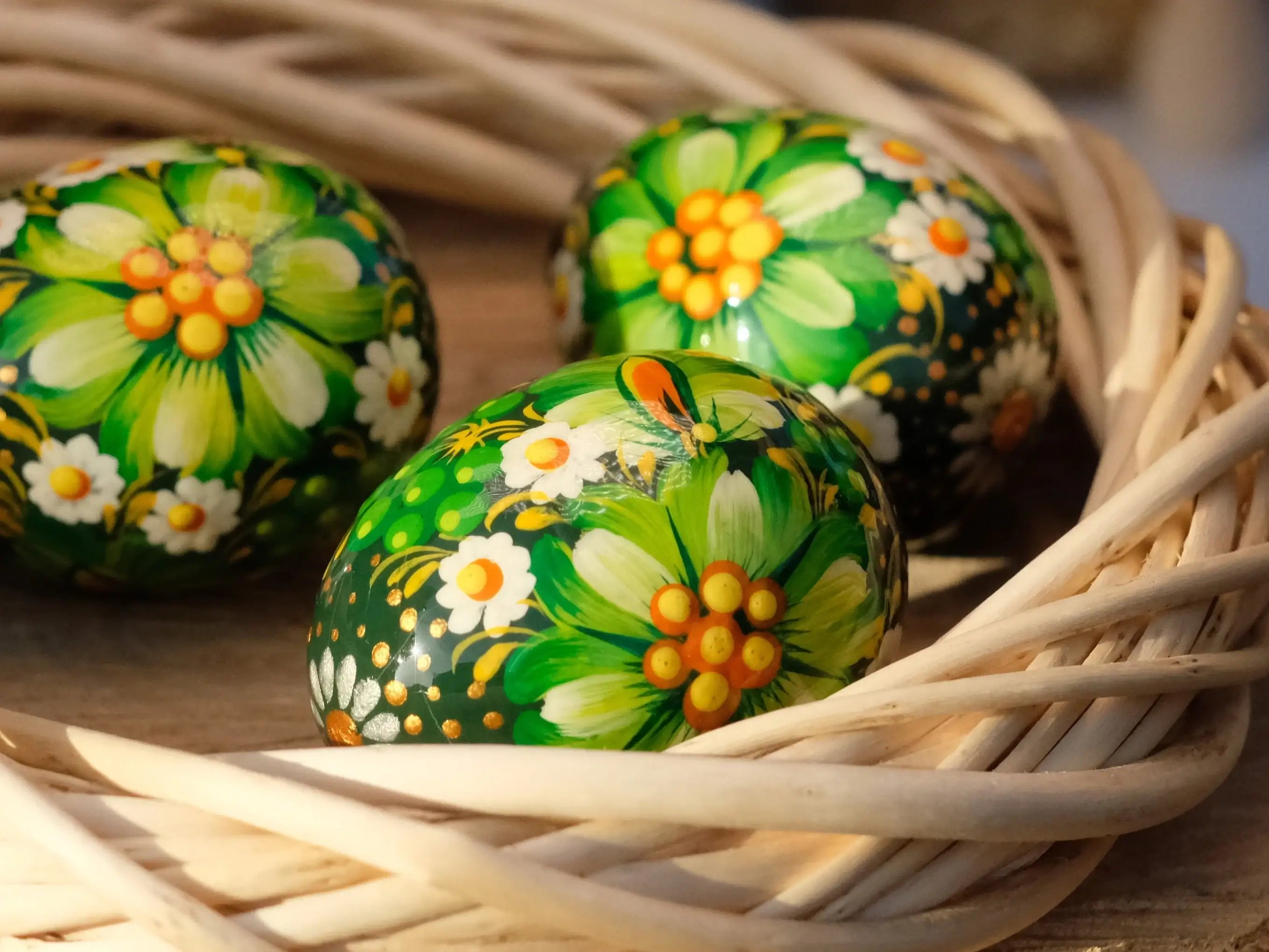 Set of 3 Wooden Green Flower Easter Eggs Hand-painted with Ukrainian Folk Art