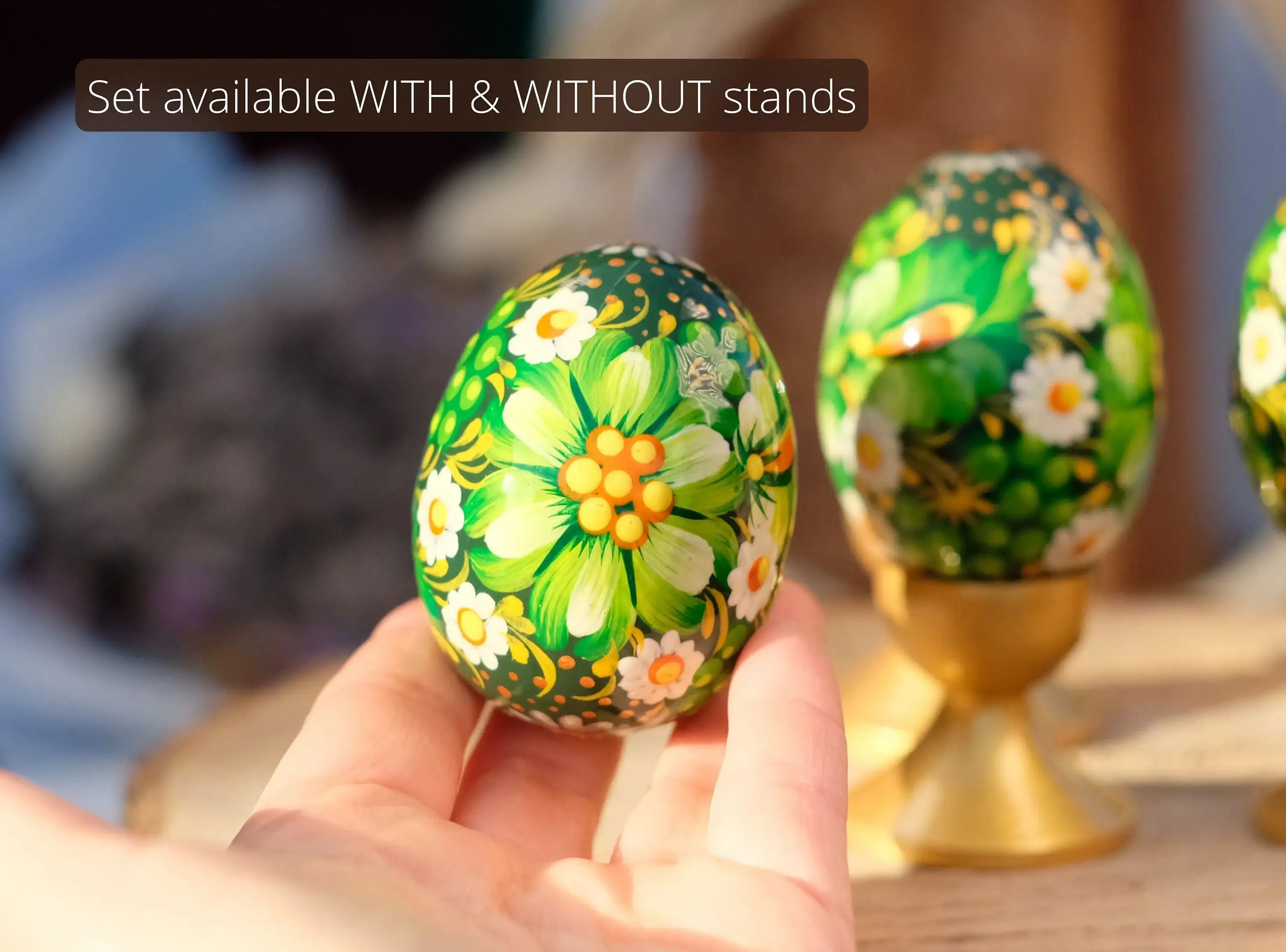 Set of 3 Wooden Green Flower Easter Eggs Hand-painted with Ukrainian Folk Art
