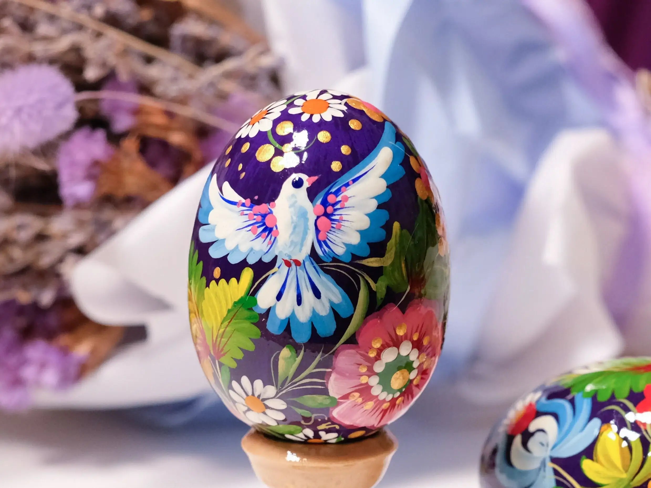 Wooden Easter Egg Hand-painted with Ukrainian Petrykivka Art
