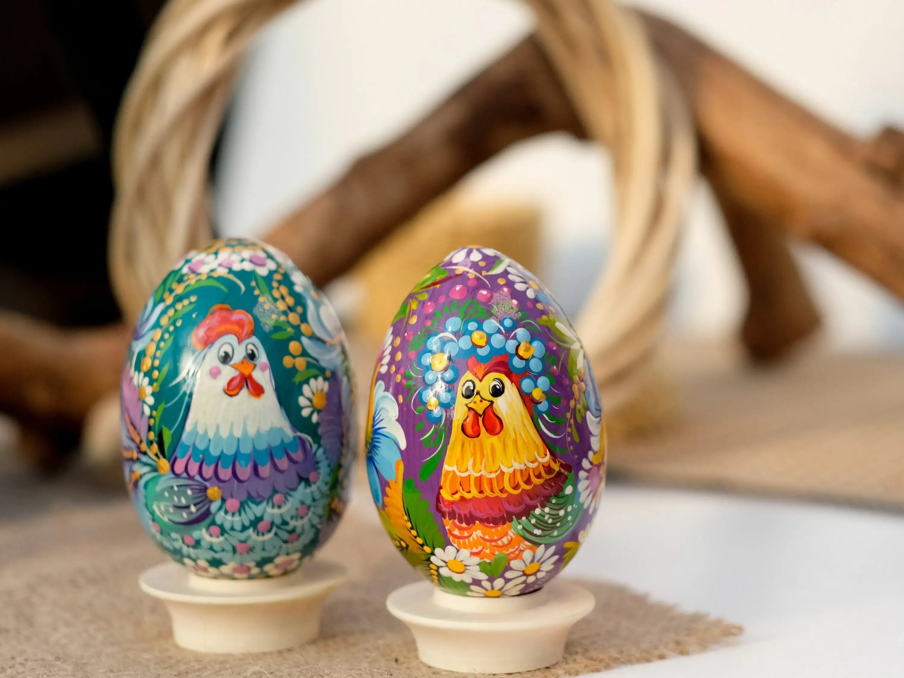 Wooden Ukrainian Goose-size Easter Egg with Painted Rooster