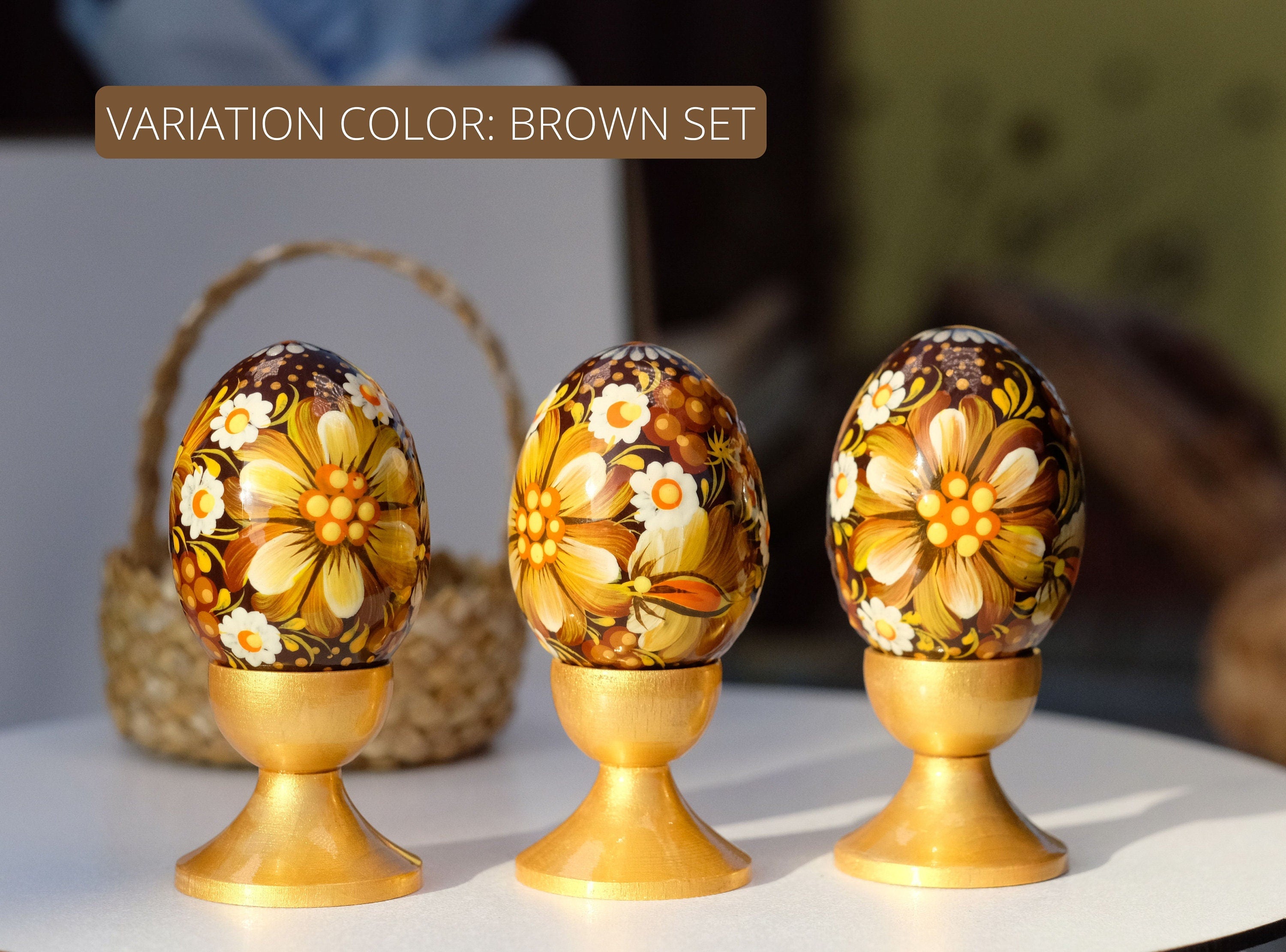 Set of 3 Wooden Flower Easter Eggs Hand-painted with Ukrainian Folk Art