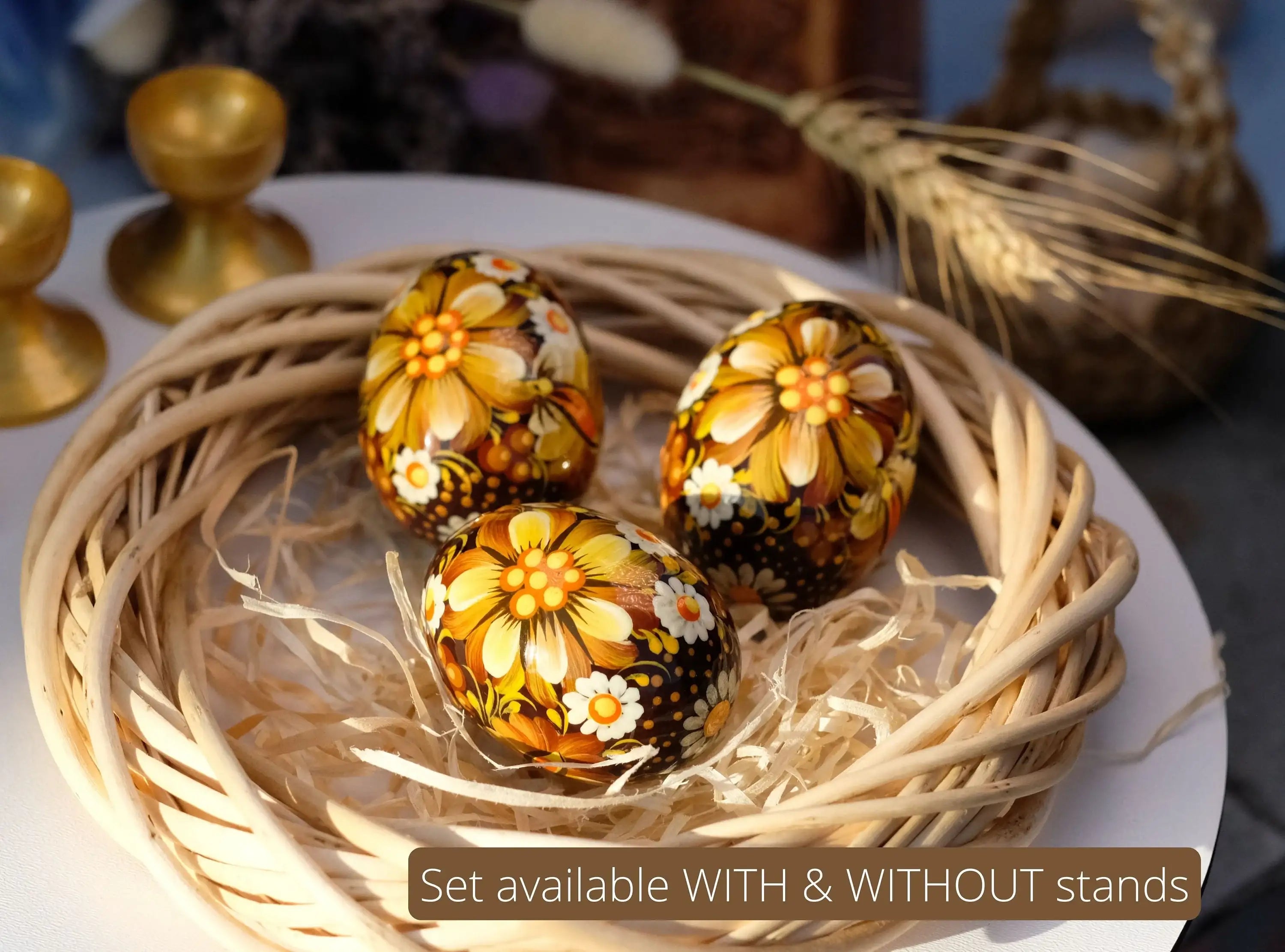 Set of 3 Wooden Flower Easter Eggs Hand-painted with Ukrainian Folk Art