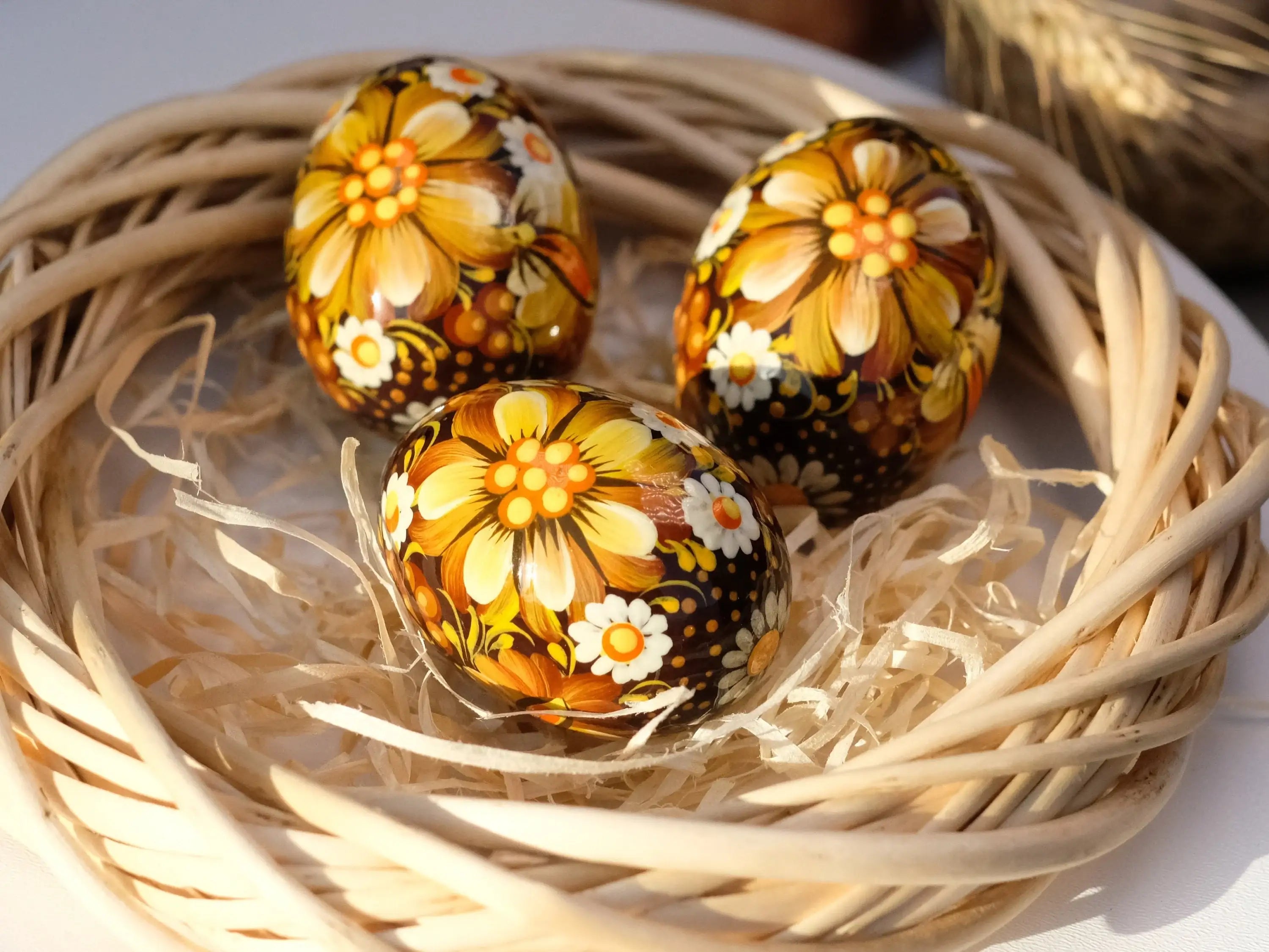 Set of 3 Wooden Flower Easter Eggs Hand-painted with Ukrainian Folk Art