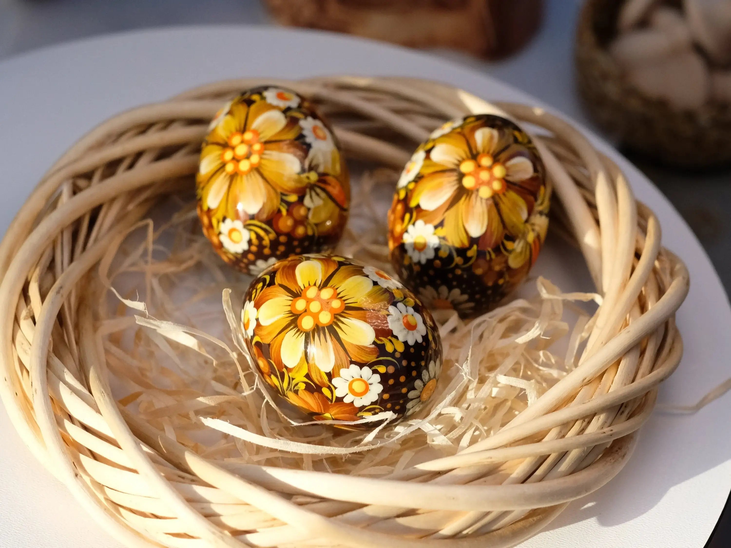 Set of 3 Wooden Flower Easter Eggs Hand-painted with Ukrainian Folk Art