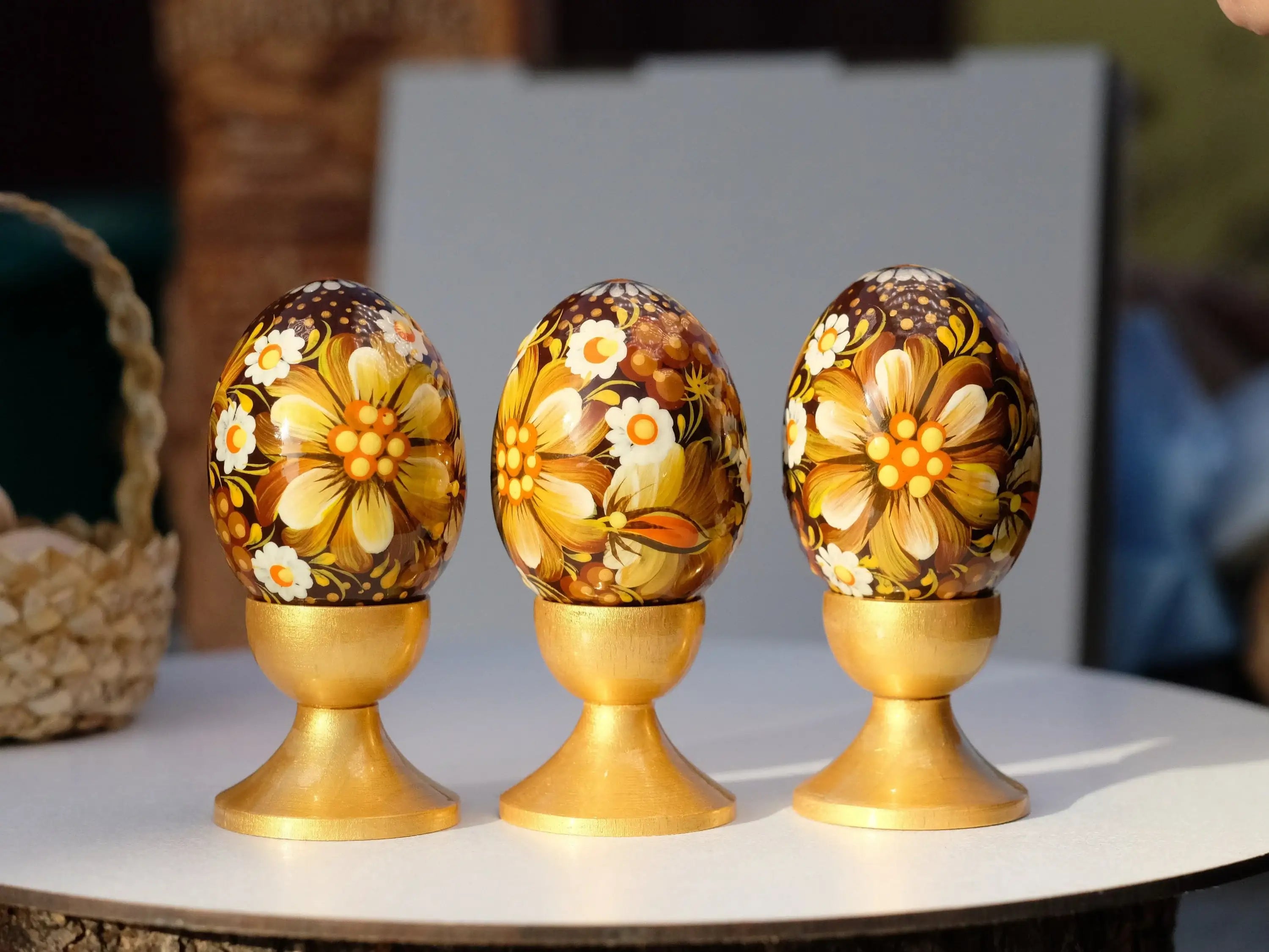 Set of 3 Wooden Flower Easter Eggs Hand-painted with Ukrainian Folk Art