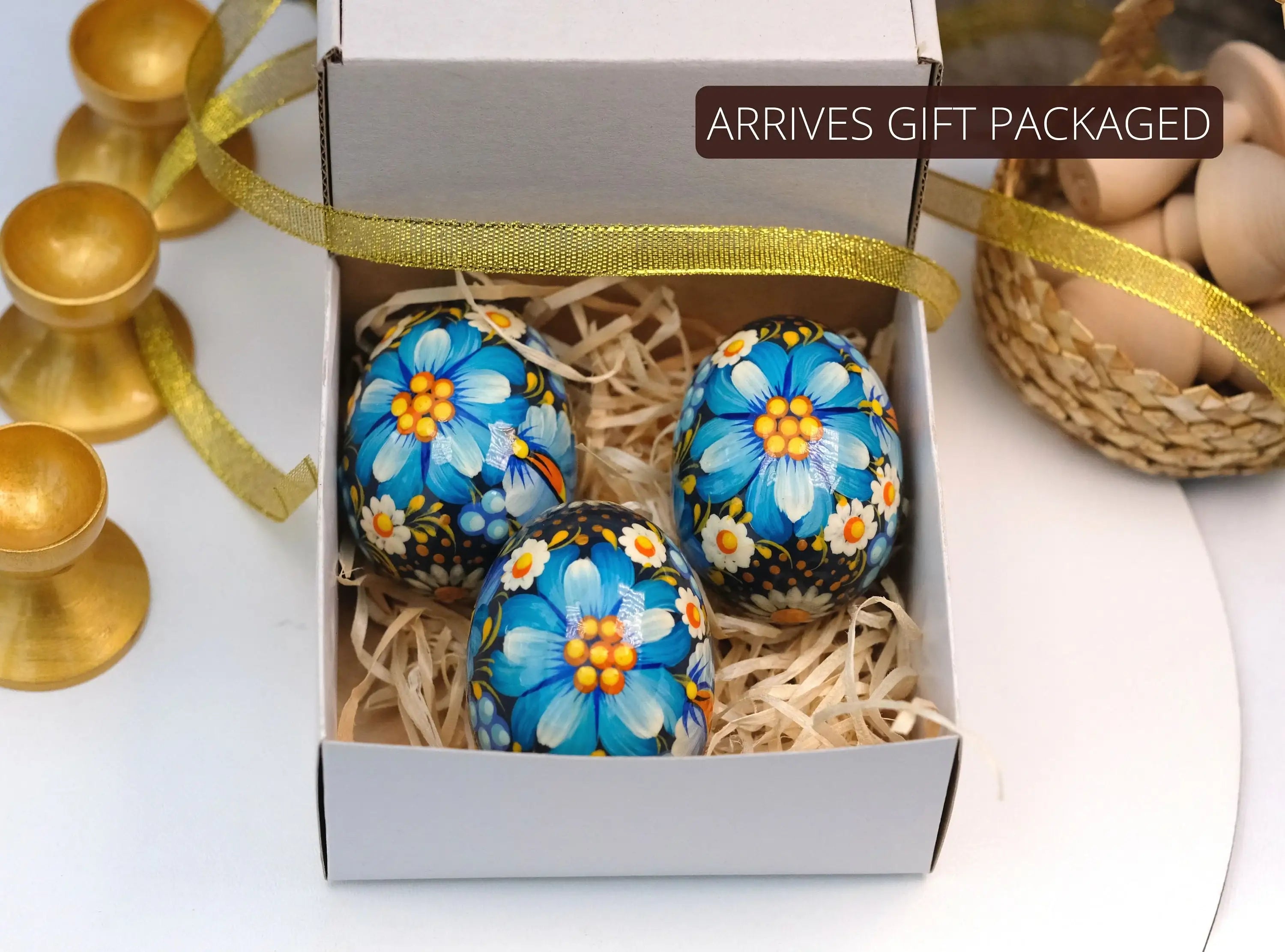 Set of 3 Ukrainian Pysanky Eggs Painted with Blue Flowers