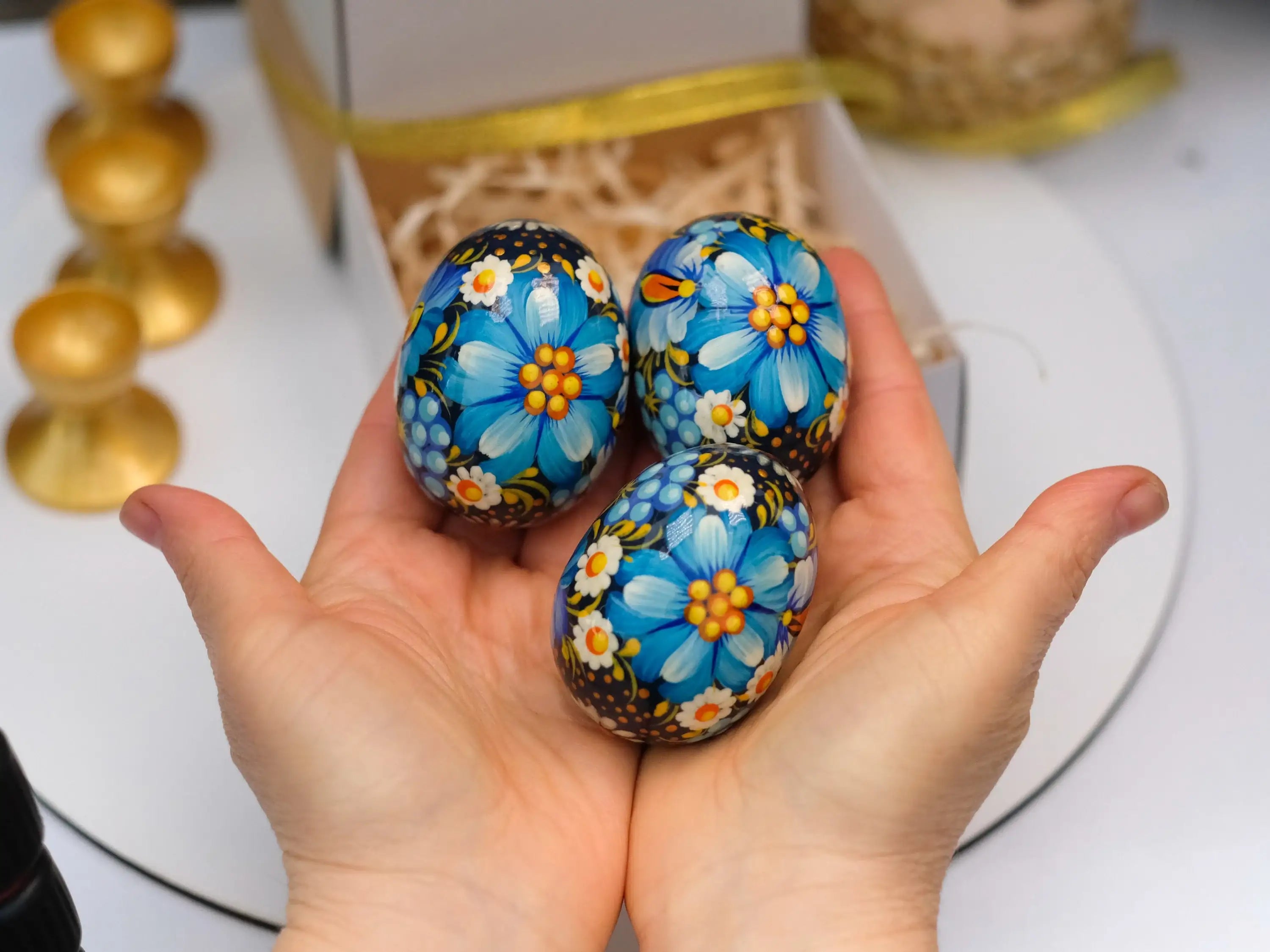 Set of 3 Ukrainian Pysanky Eggs Painted with Blue Flowers