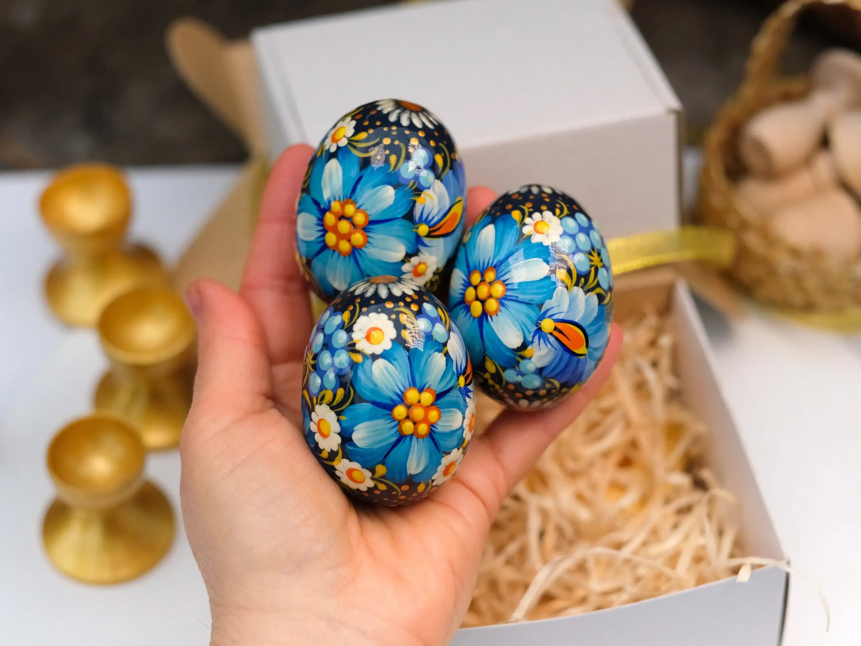 Set of 3 Ukrainian Pysanky Eggs Painted with Blue Flowers