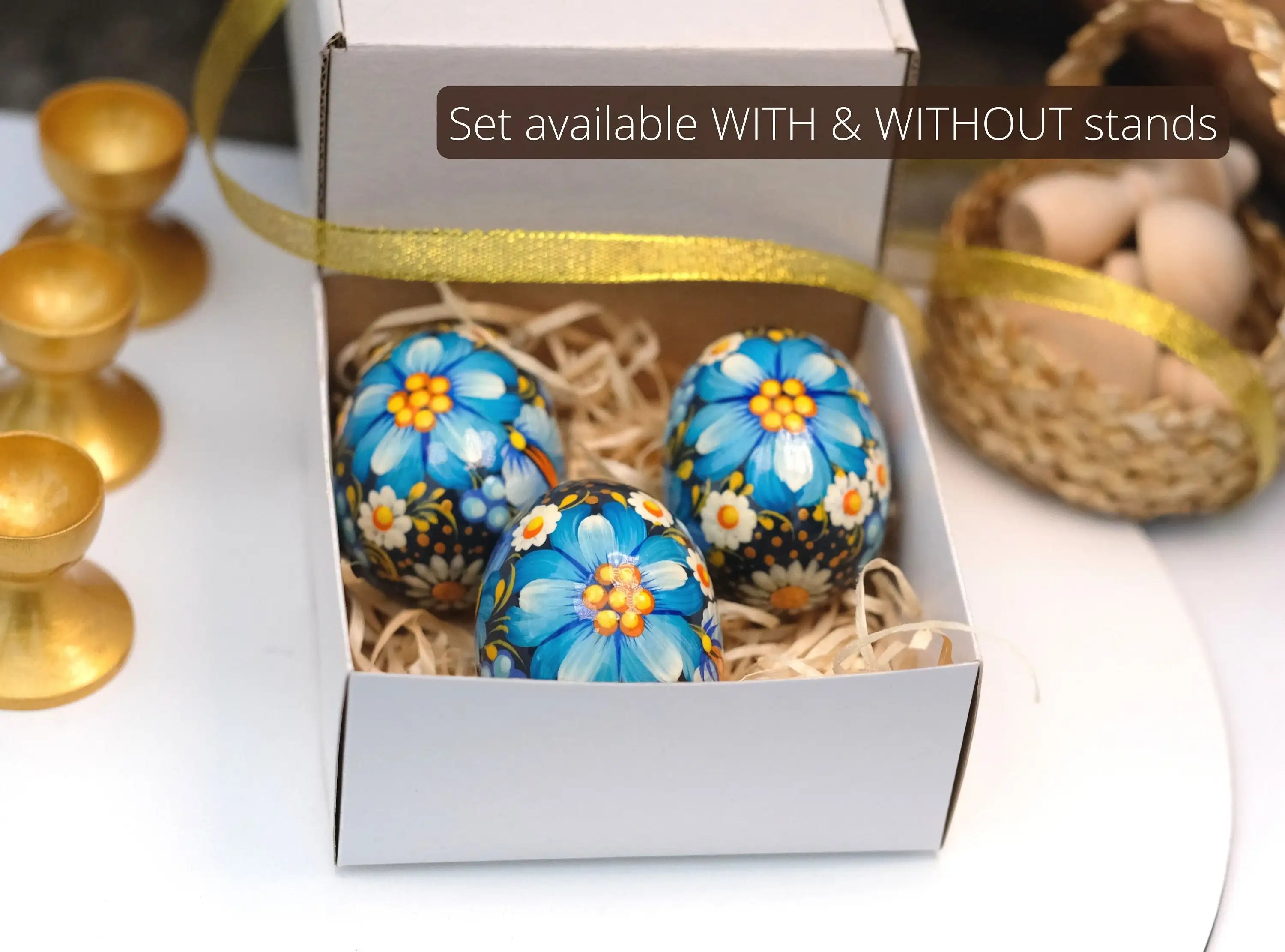 Set of 3 Ukrainian Pysanky Eggs Painted with Blue Flowers