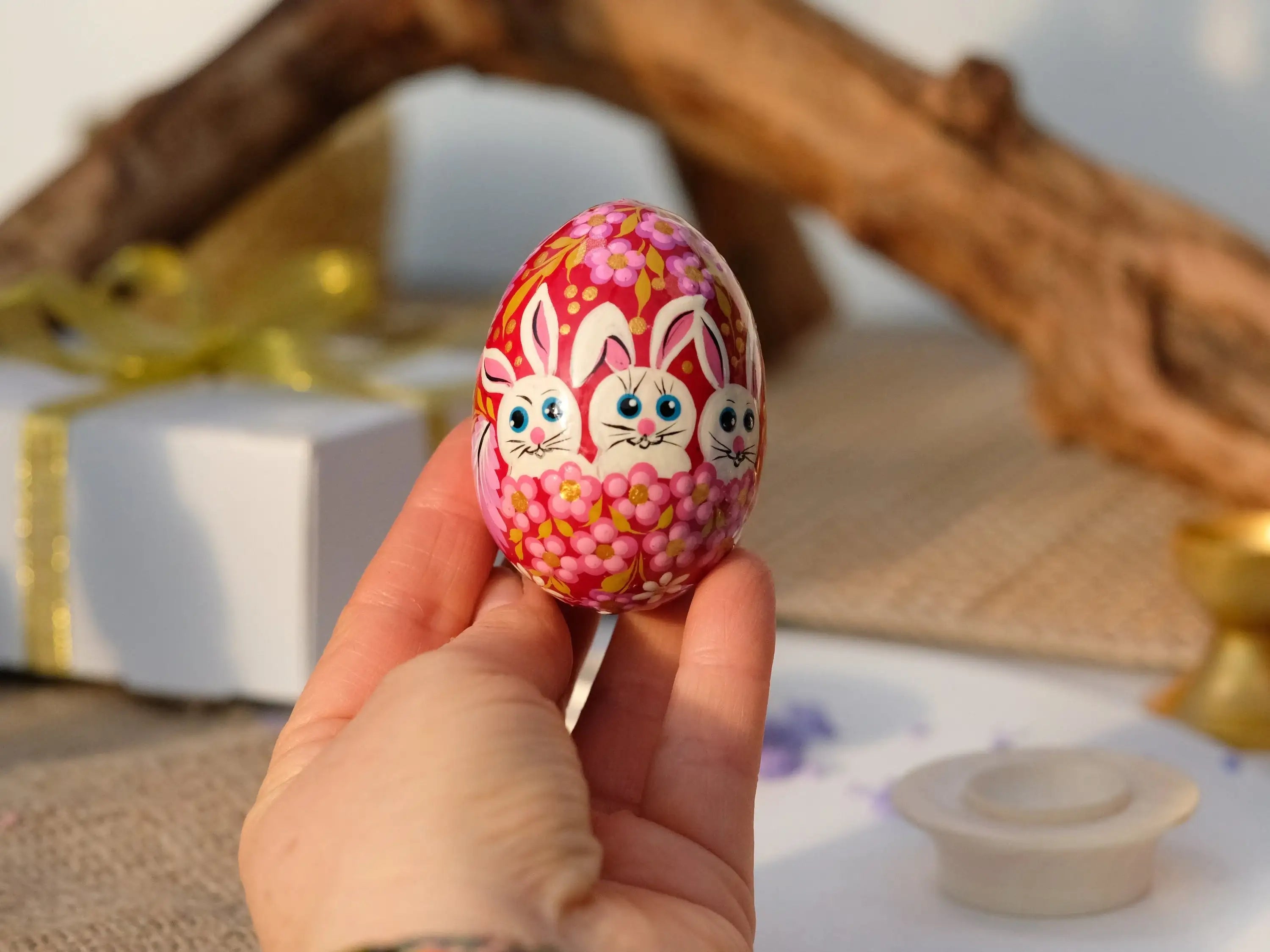 Hand-painted Wooden Easter Bunny Decorative Egg Ornament