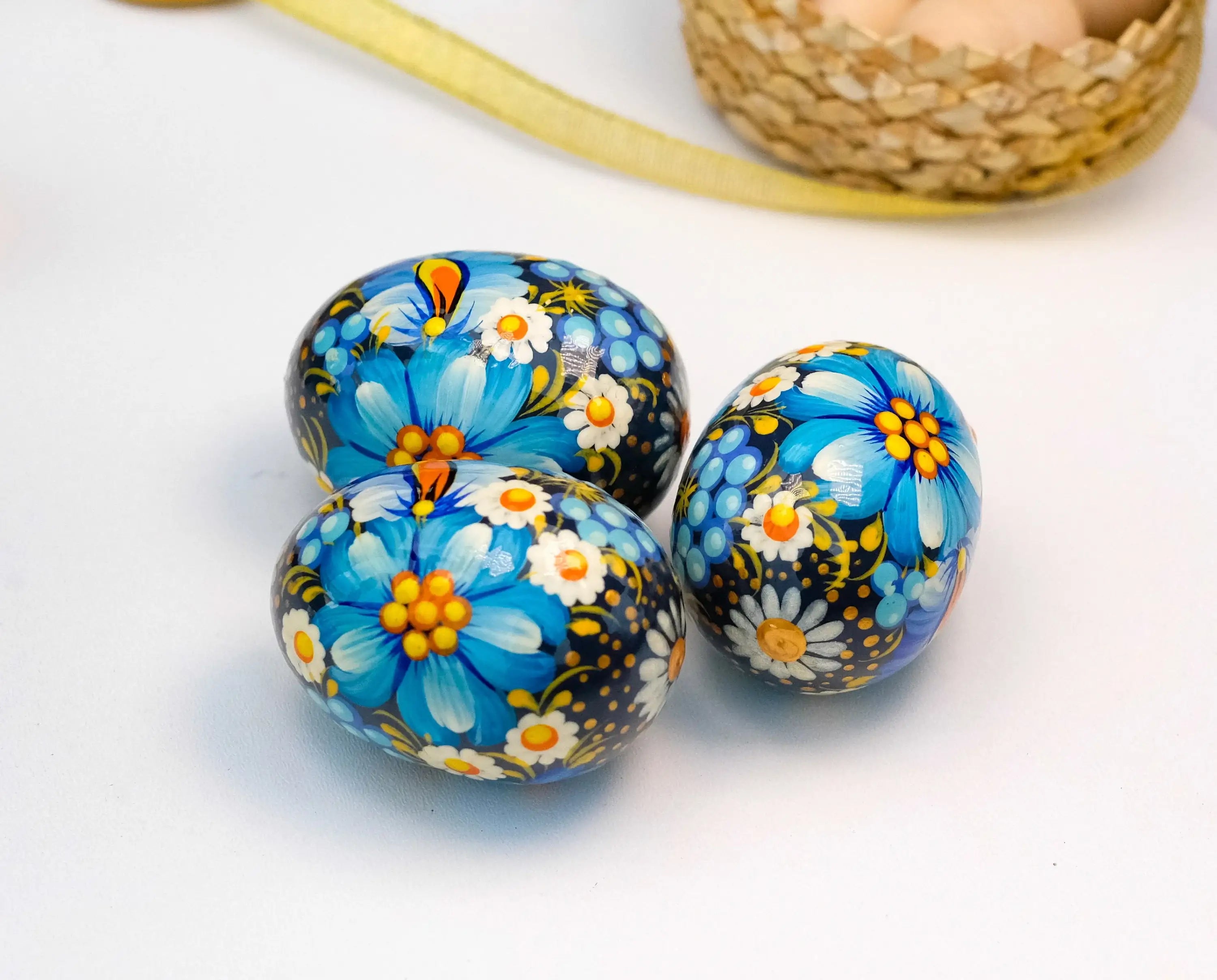 Ukrainian Easter Eggs Set 3 pcs - Hand-painted & Carved from Wood