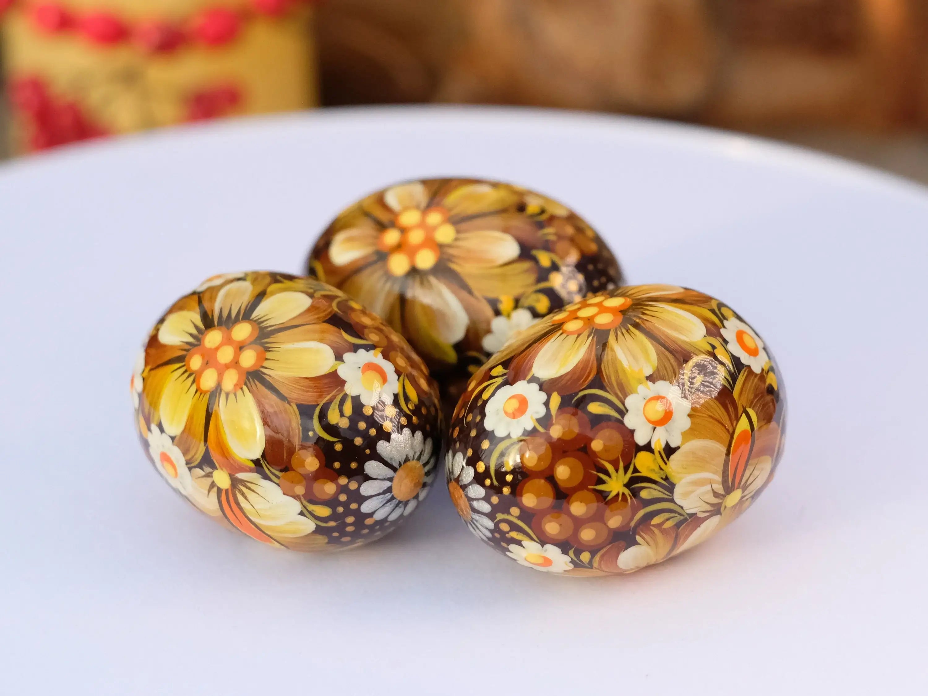 Ukrainian Easter Eggs Set 3 pcs - Hand-painted & Carved from Wood