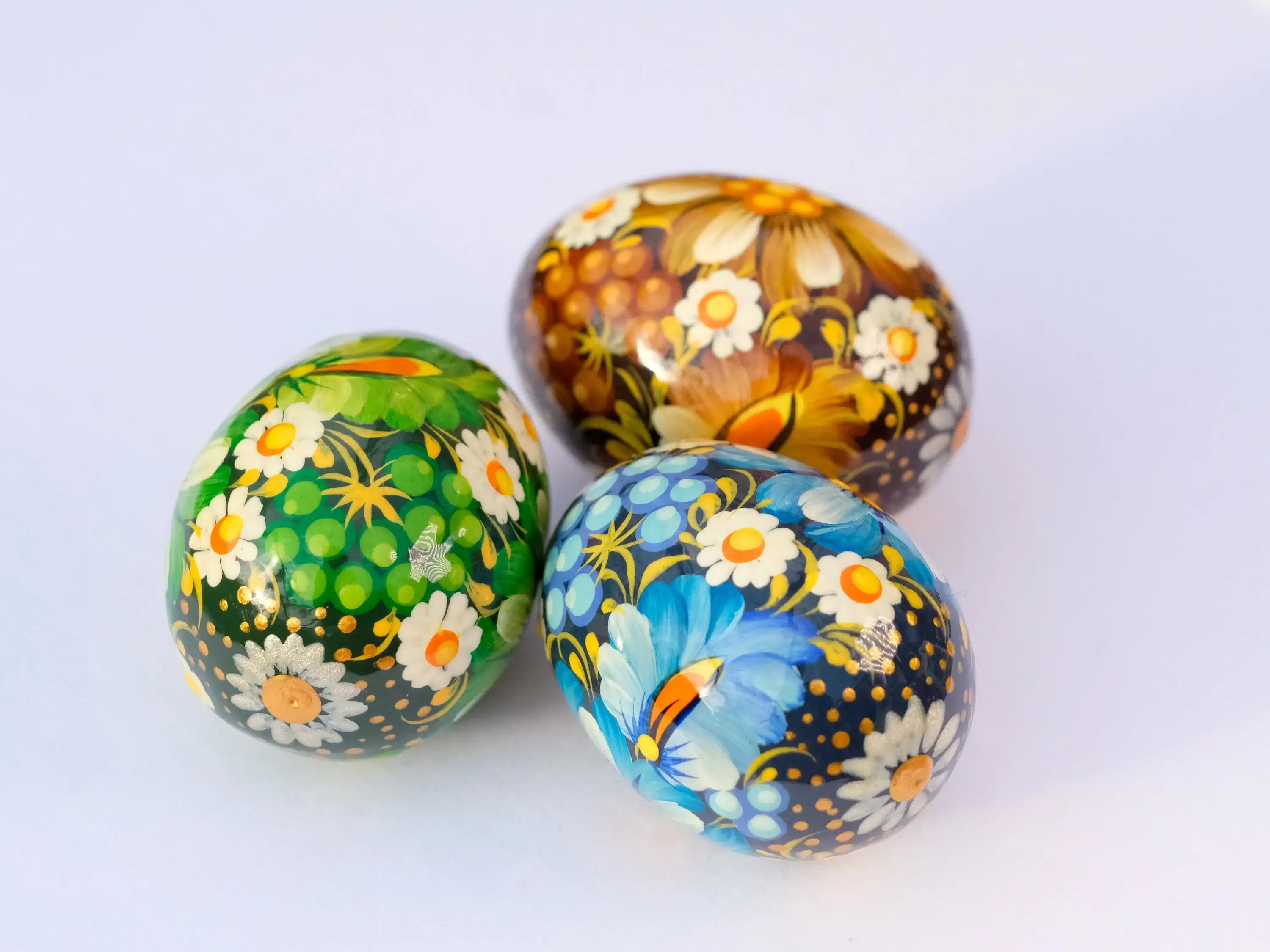 Ukrainian Easter Eggs Set 3 pcs - Hand-painted & Carved from Wood