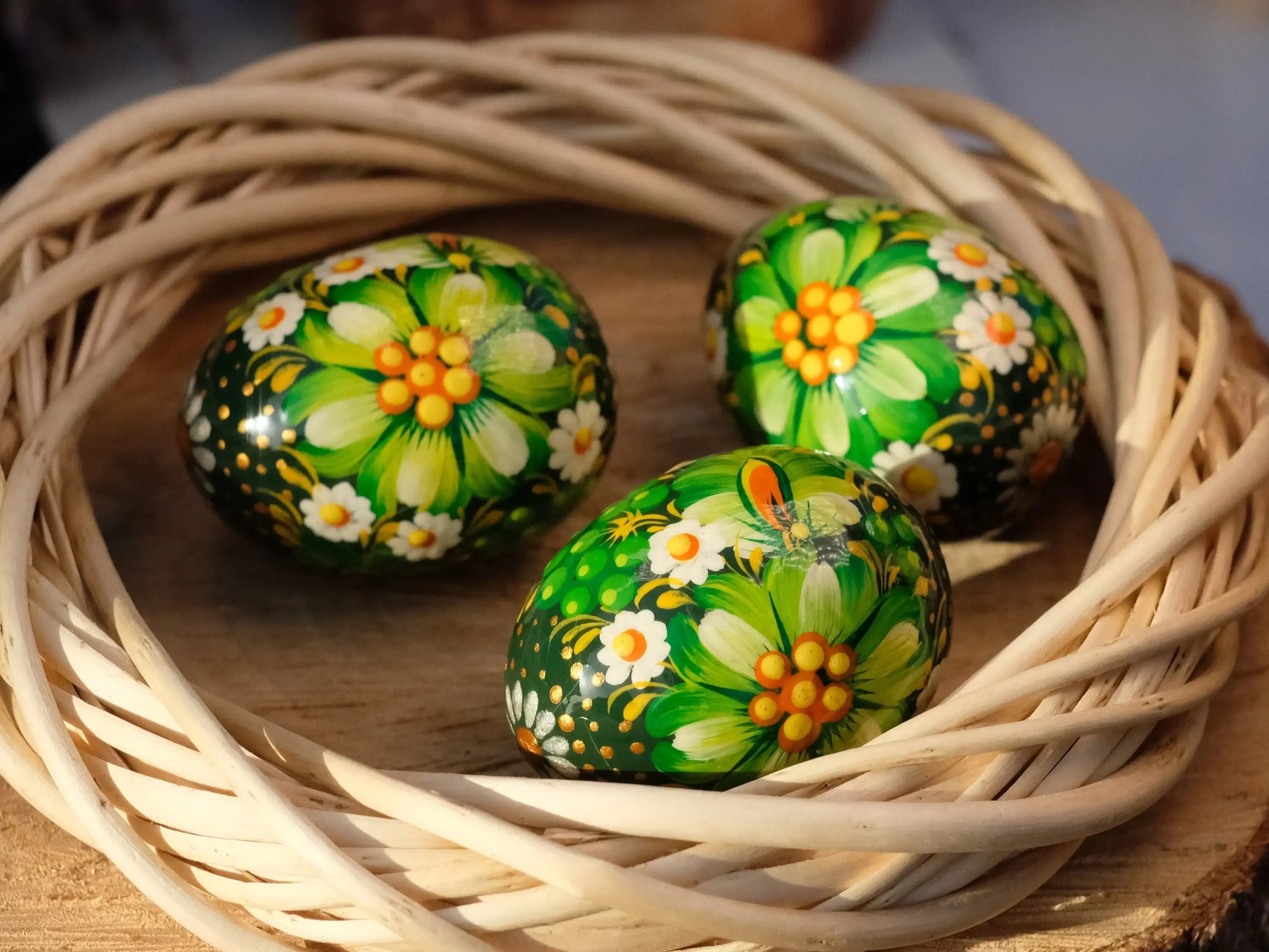 Set of 3 Wooden Green Flower Easter Eggs Hand-painted with Ukrainian Folk Art