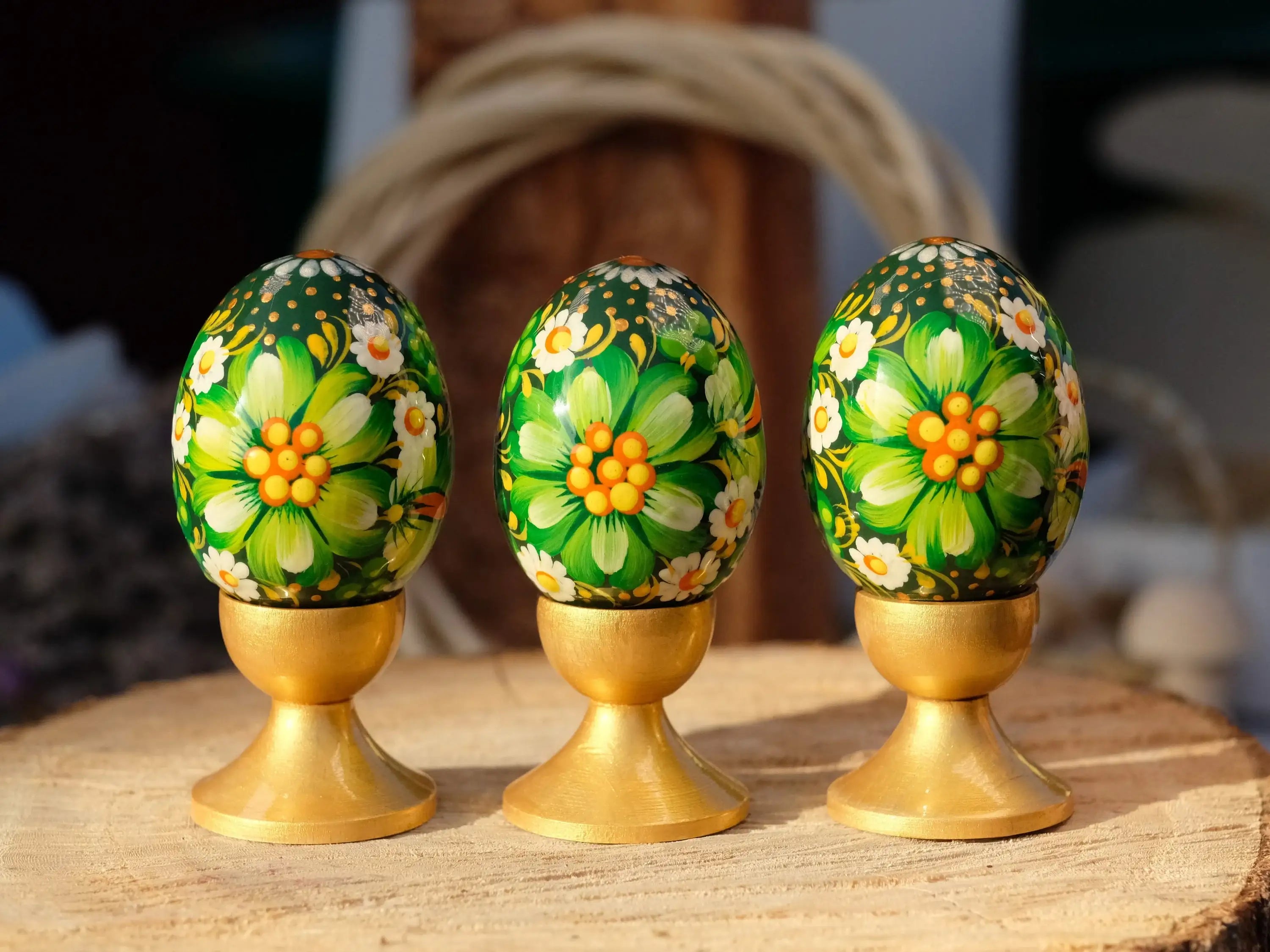 Set of 3 Wooden Green Flower Easter Eggs Hand-painted with Ukrainian Folk Art