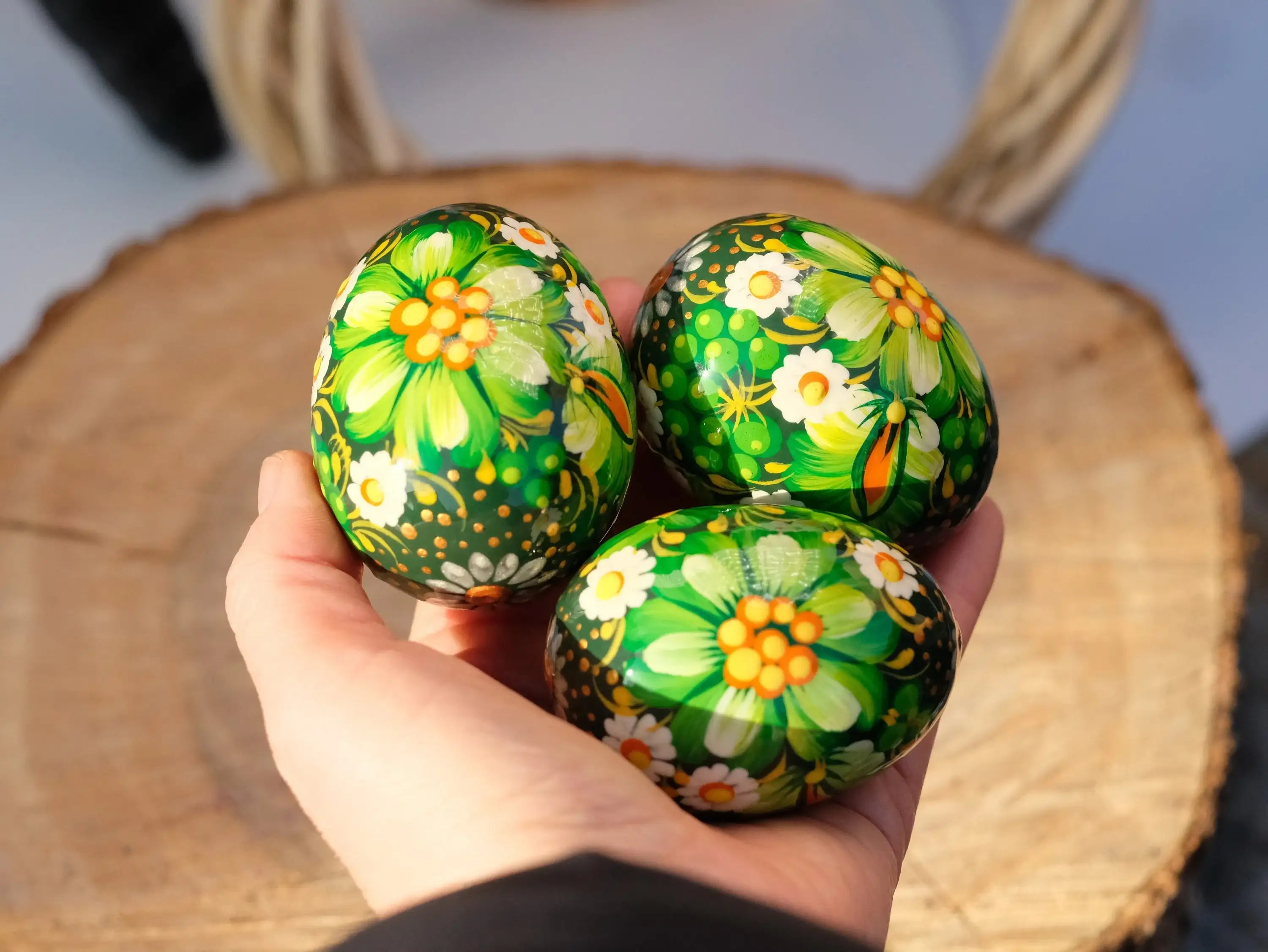 Set of 3 Wooden Green Flower Easter Eggs Hand-painted with Ukrainian Folk Art