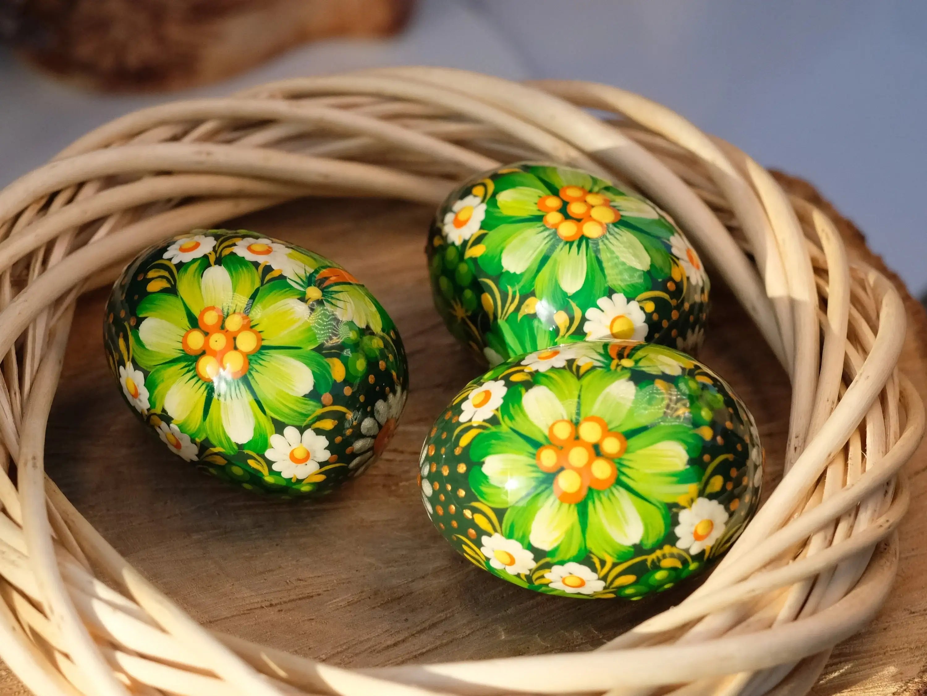 Set of 3 Wooden Green Flower Easter Eggs Hand-painted with Ukrainian Folk Art