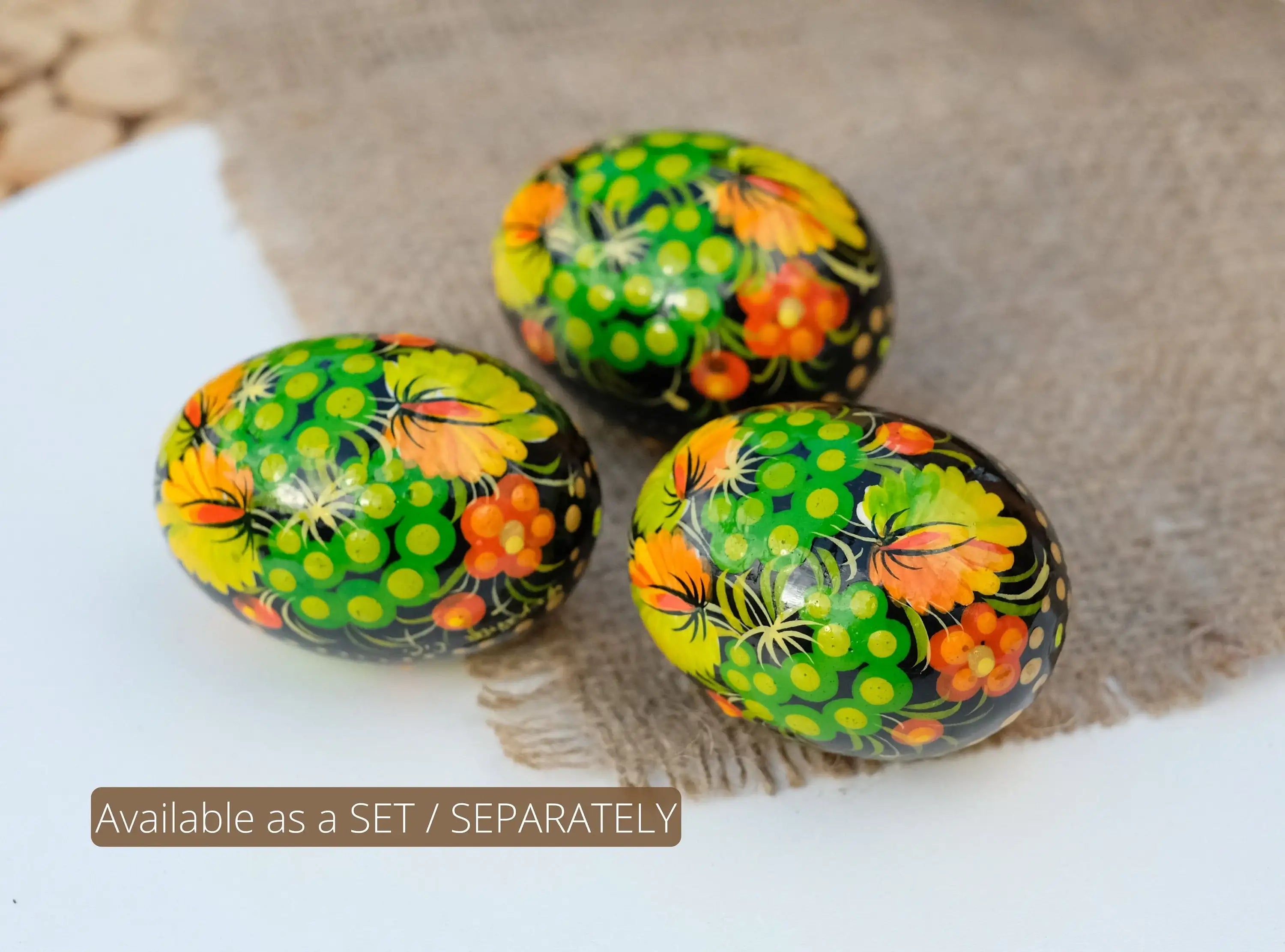 Ukrainian Wooden Easter Eggs Painted with Traditional Petrykivka Art