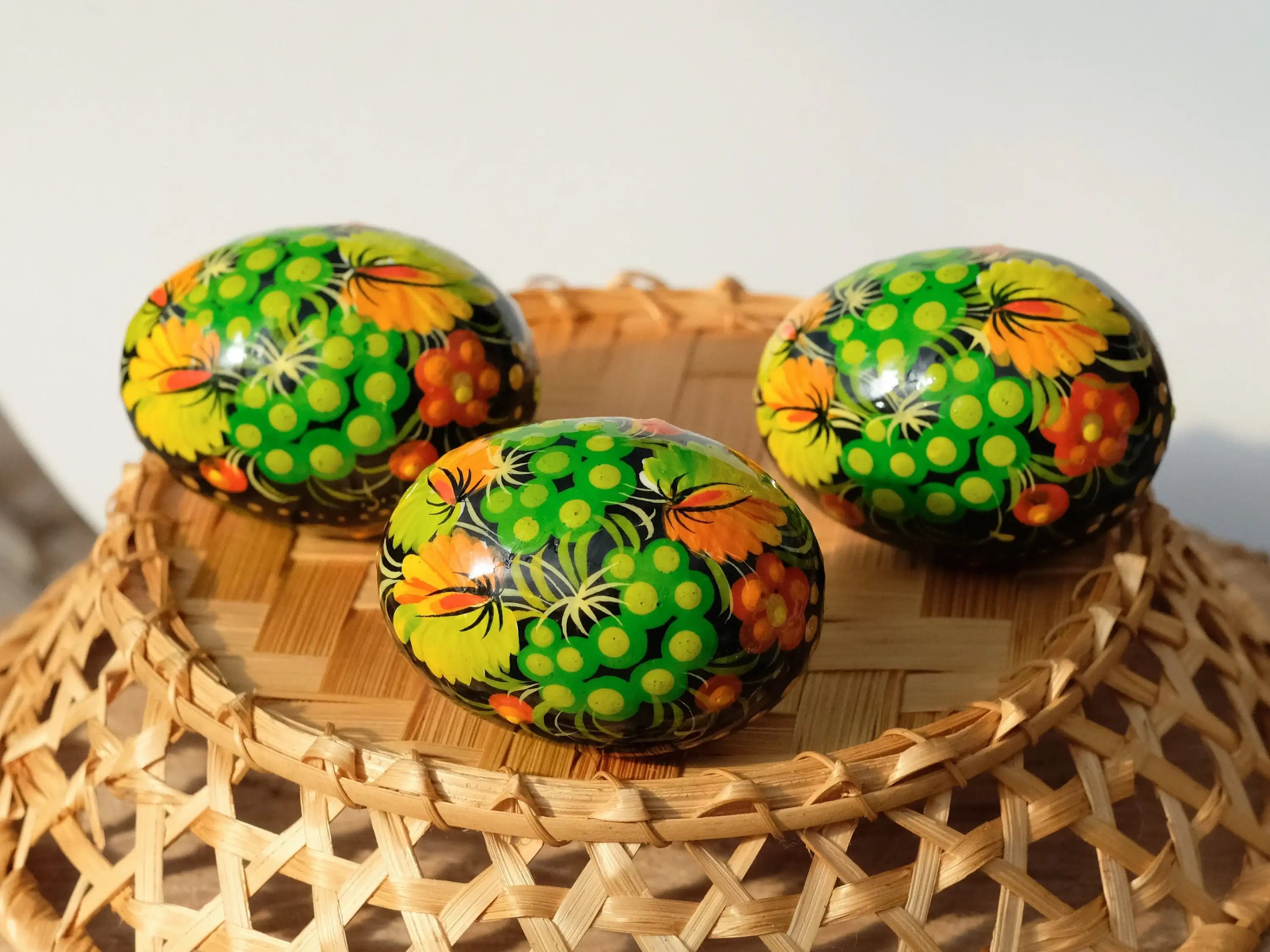 Ukrainian Wooden Easter Eggs Painted with Traditional Petrykivka Art