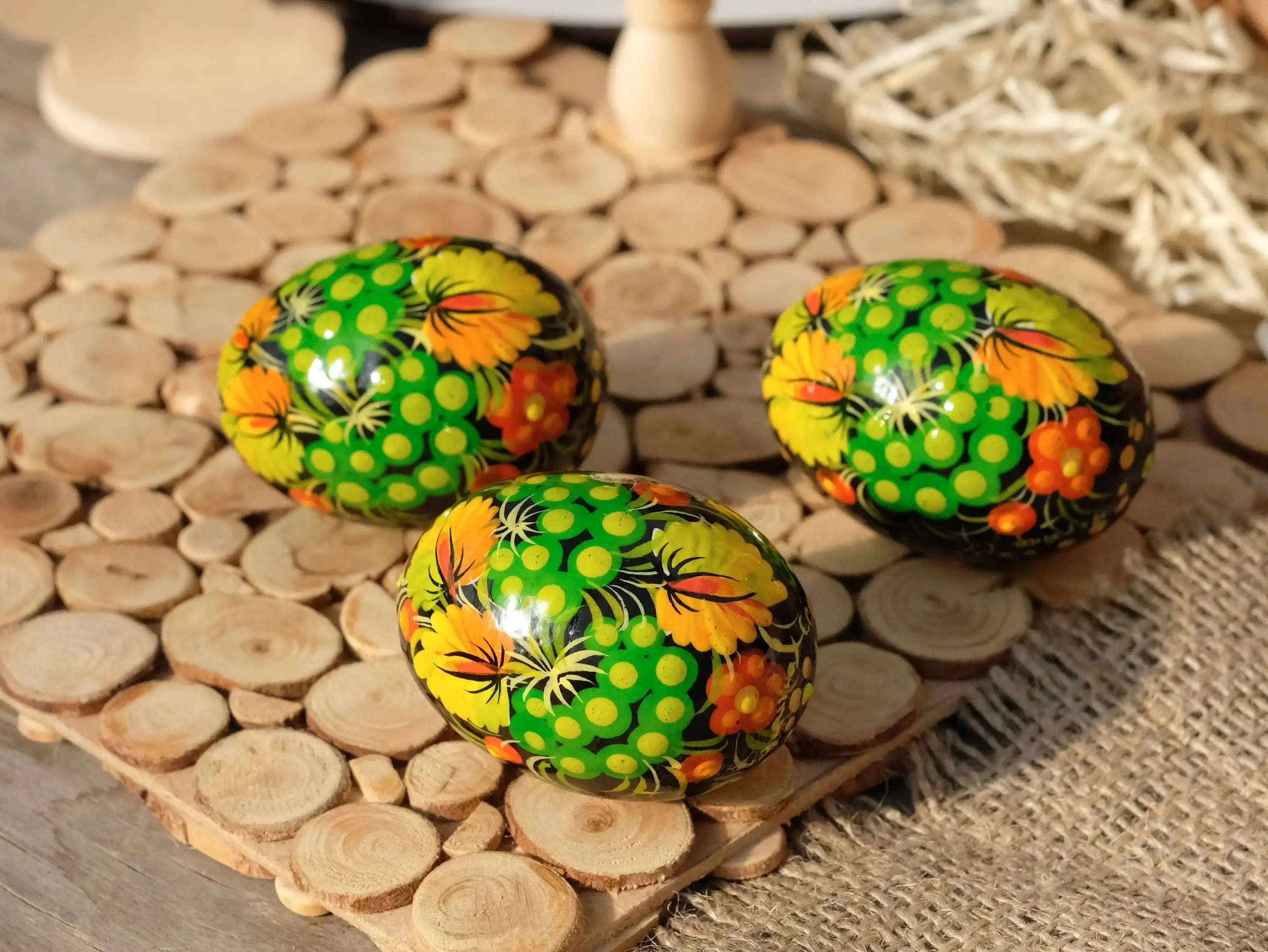 Ukrainian Wooden Easter Eggs Painted with Traditional Petrykivka Art