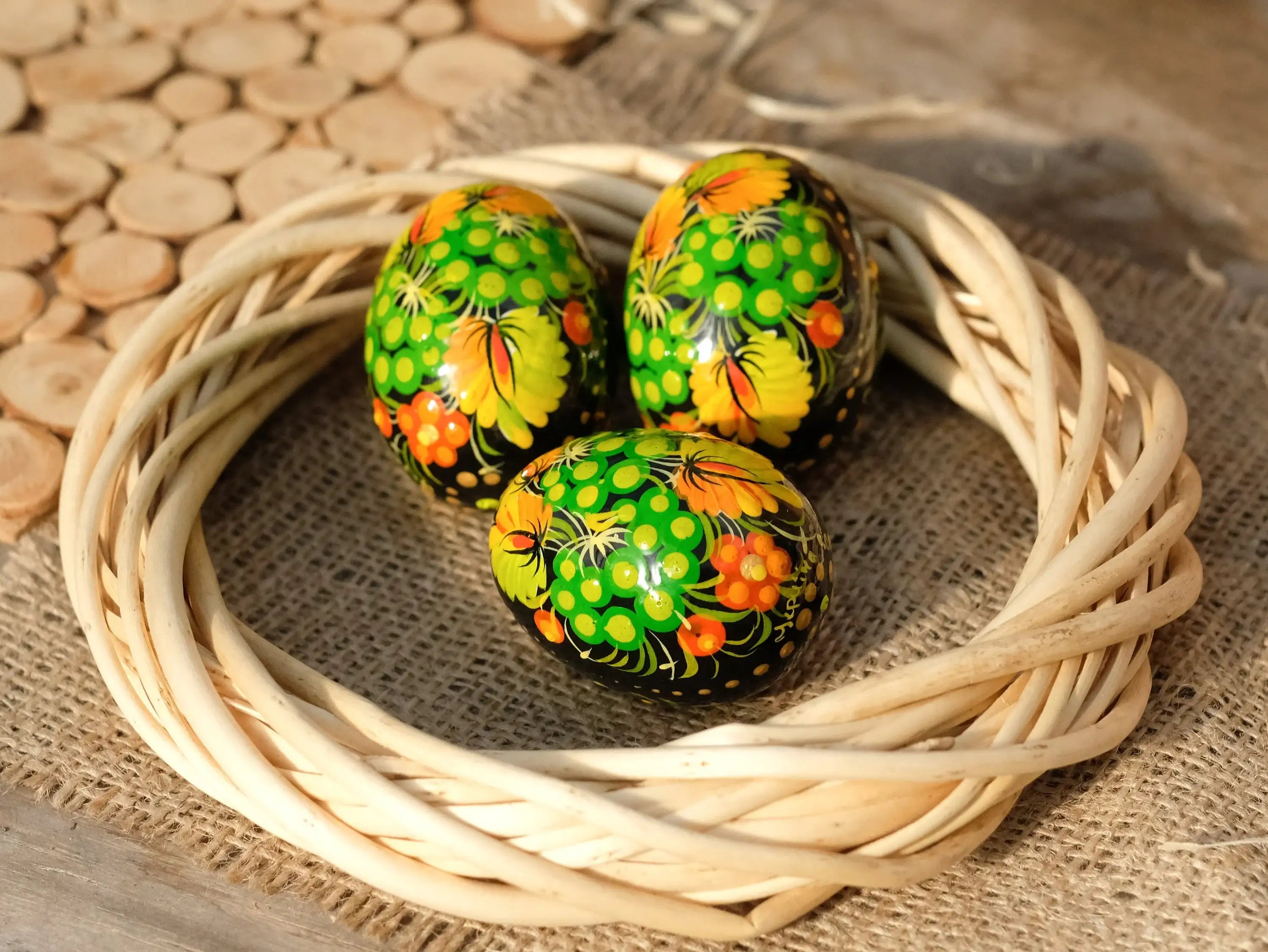 Ukrainian Wooden Easter Eggs Painted with Traditional Petrykivka Art