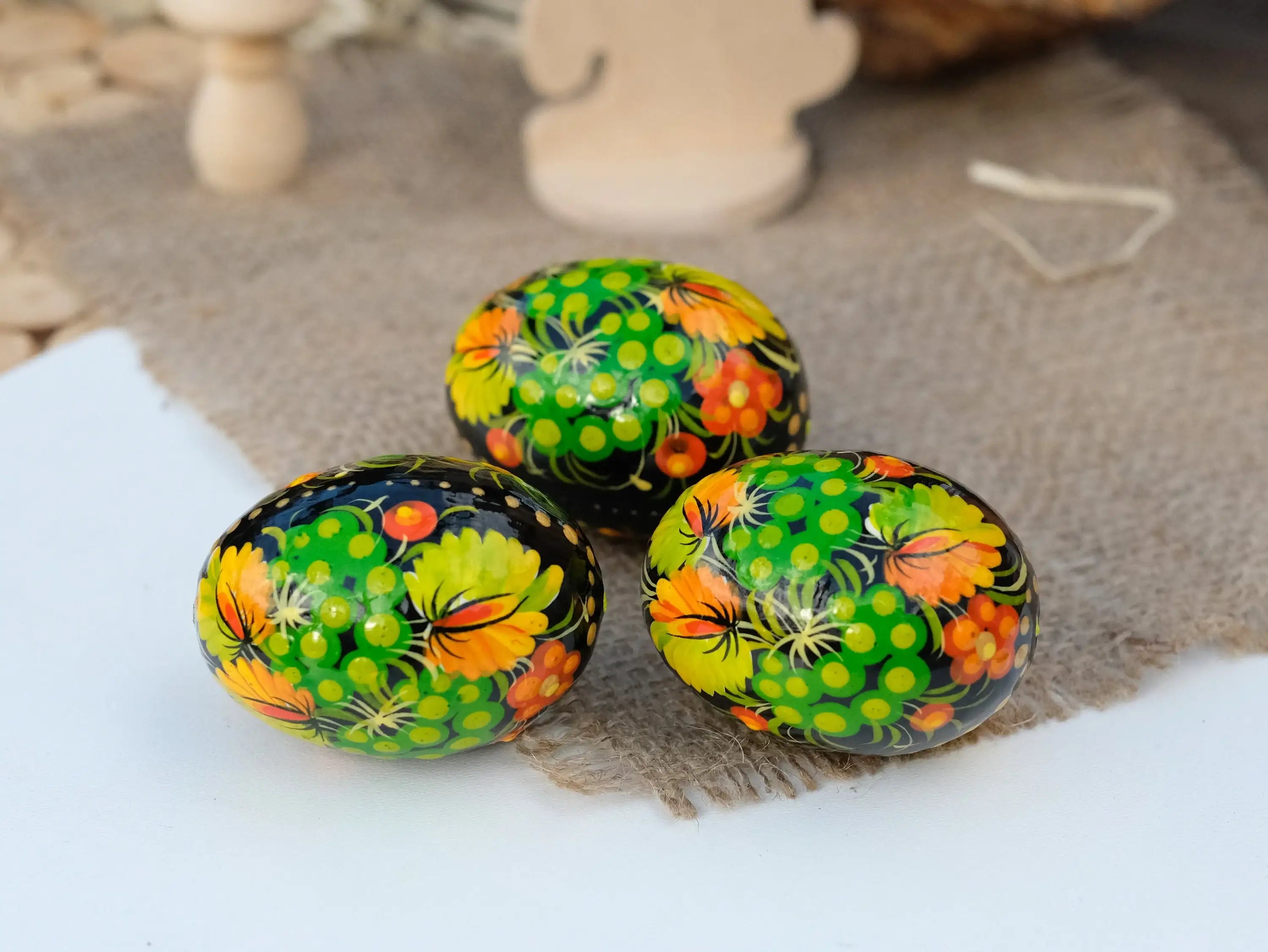 Ukrainian Wooden Easter Eggs Painted with Traditional Petrykivka Art