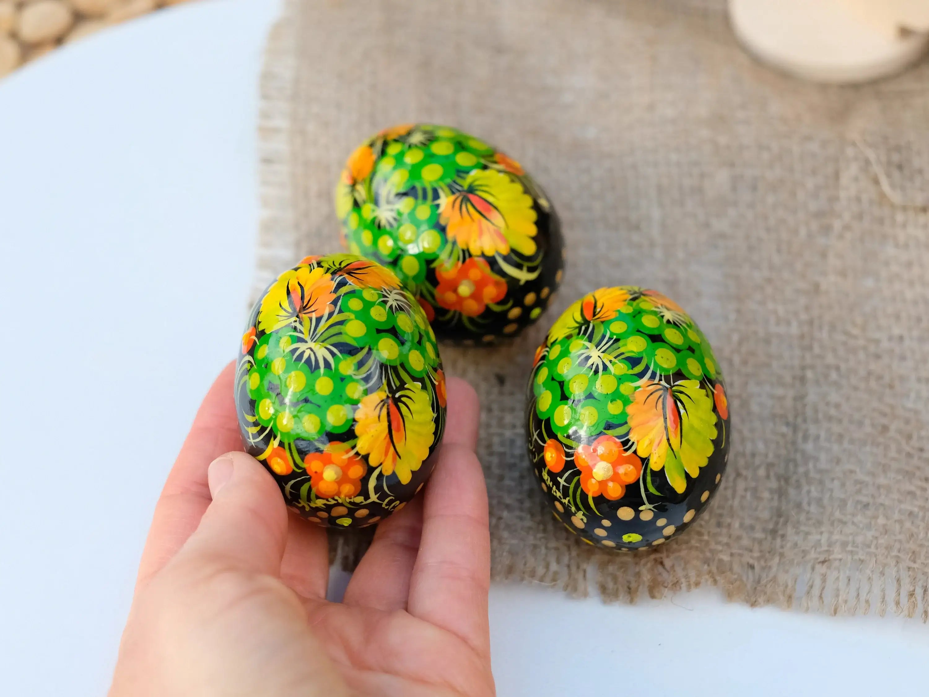 Ukrainian Wooden Easter Eggs Painted with Traditional Petrykivka Art