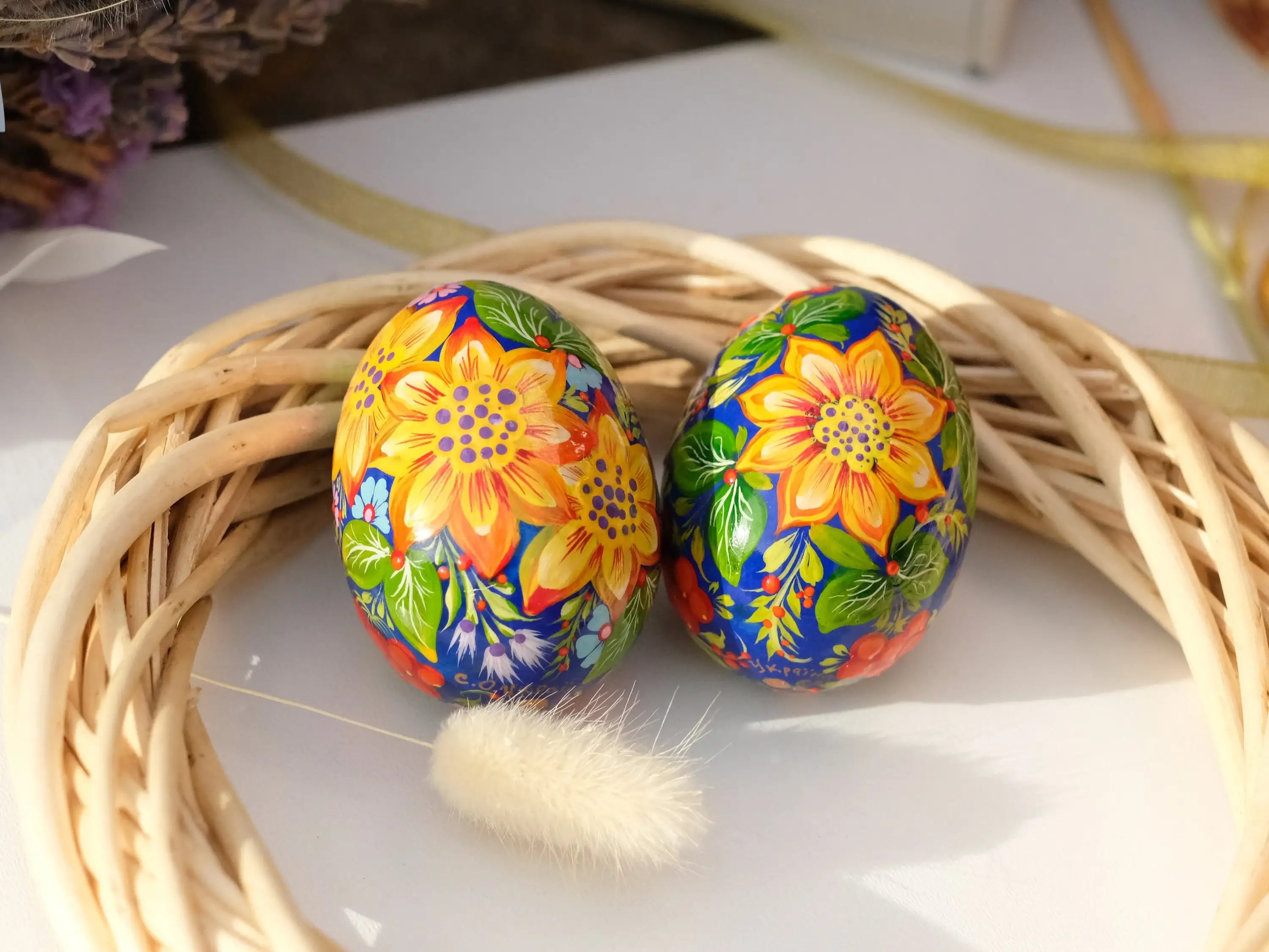 Ukrainian Wooden Easter Egg with Painted Cranes and Rustic House